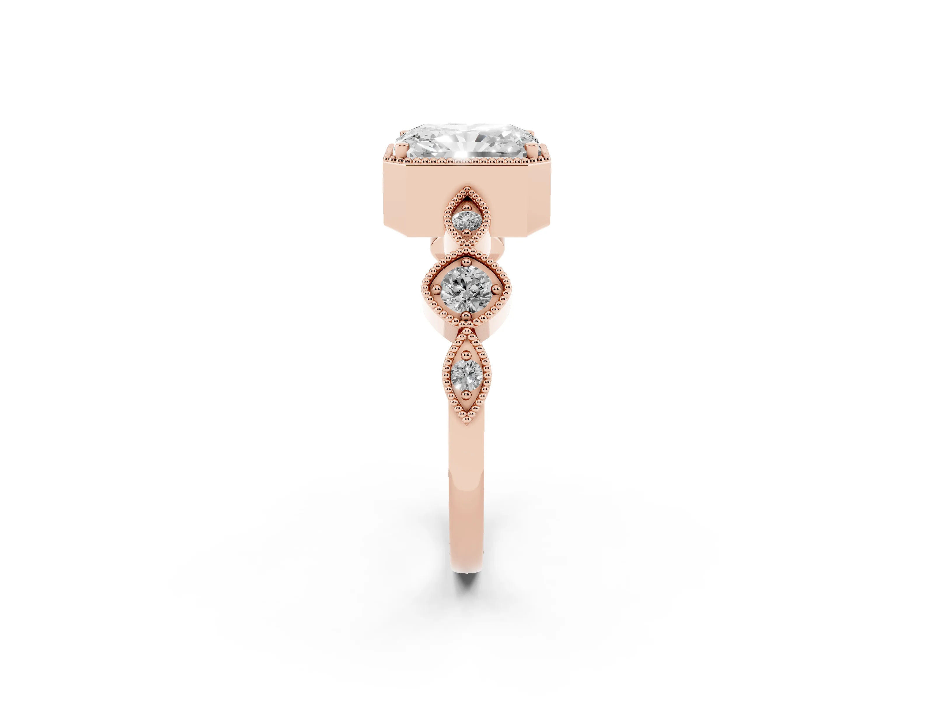 Radiant Cut Diamond Vintage-Inspired Milgrain Ring Set in Rose gold with Marquise Stations of Round Accents
