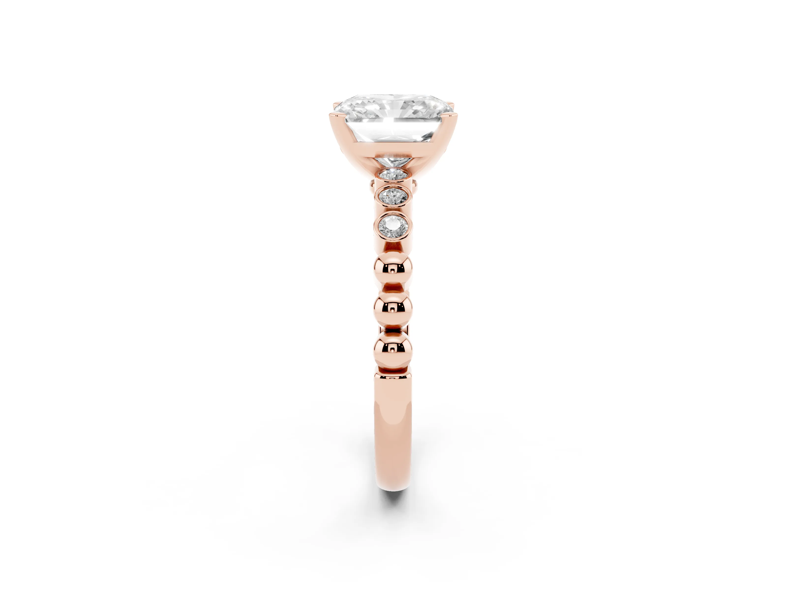 Radiant Cut Diamond Solitaire Engagement Ring Set in Rose gold with Bezel Accents on Beaded Band