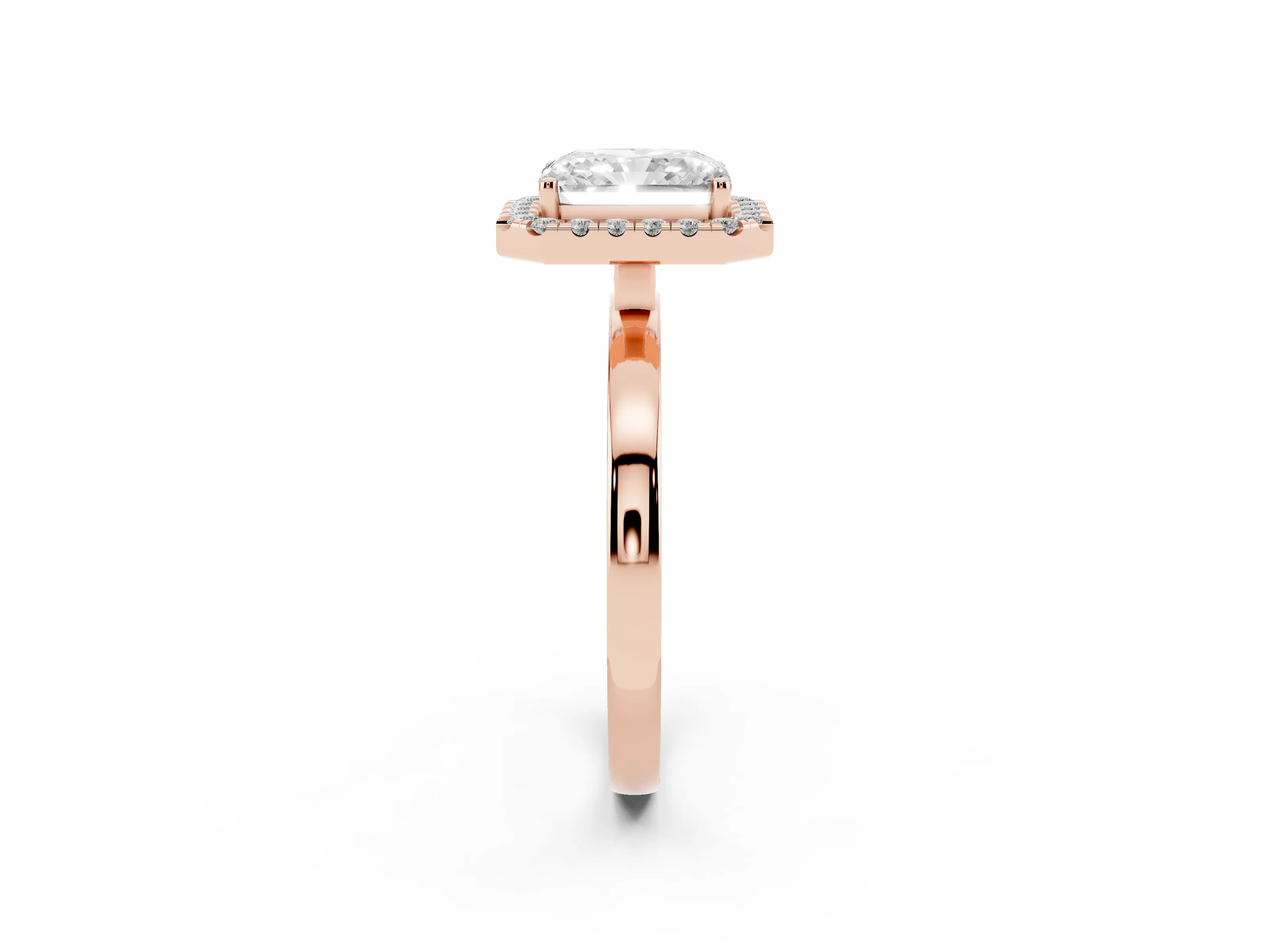 Radiant Cut Diamond Halo Solitaire Ring Set in Rose gold with Pavé Band and Prong Setting