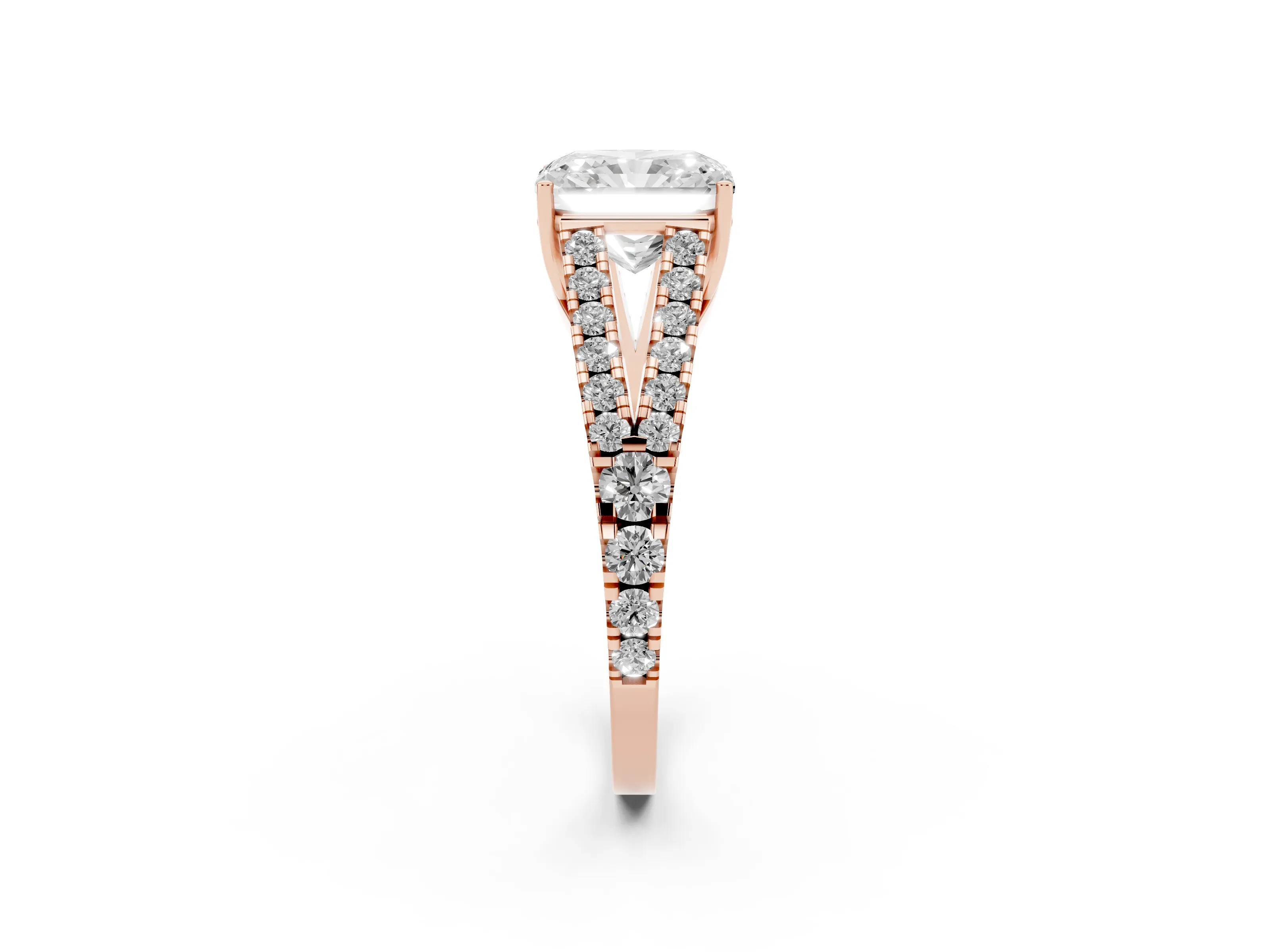 Radiant Cut Diamond Split Shank Pavé Engagement Ring Set in Rose gold with Prong-Held Center Stone