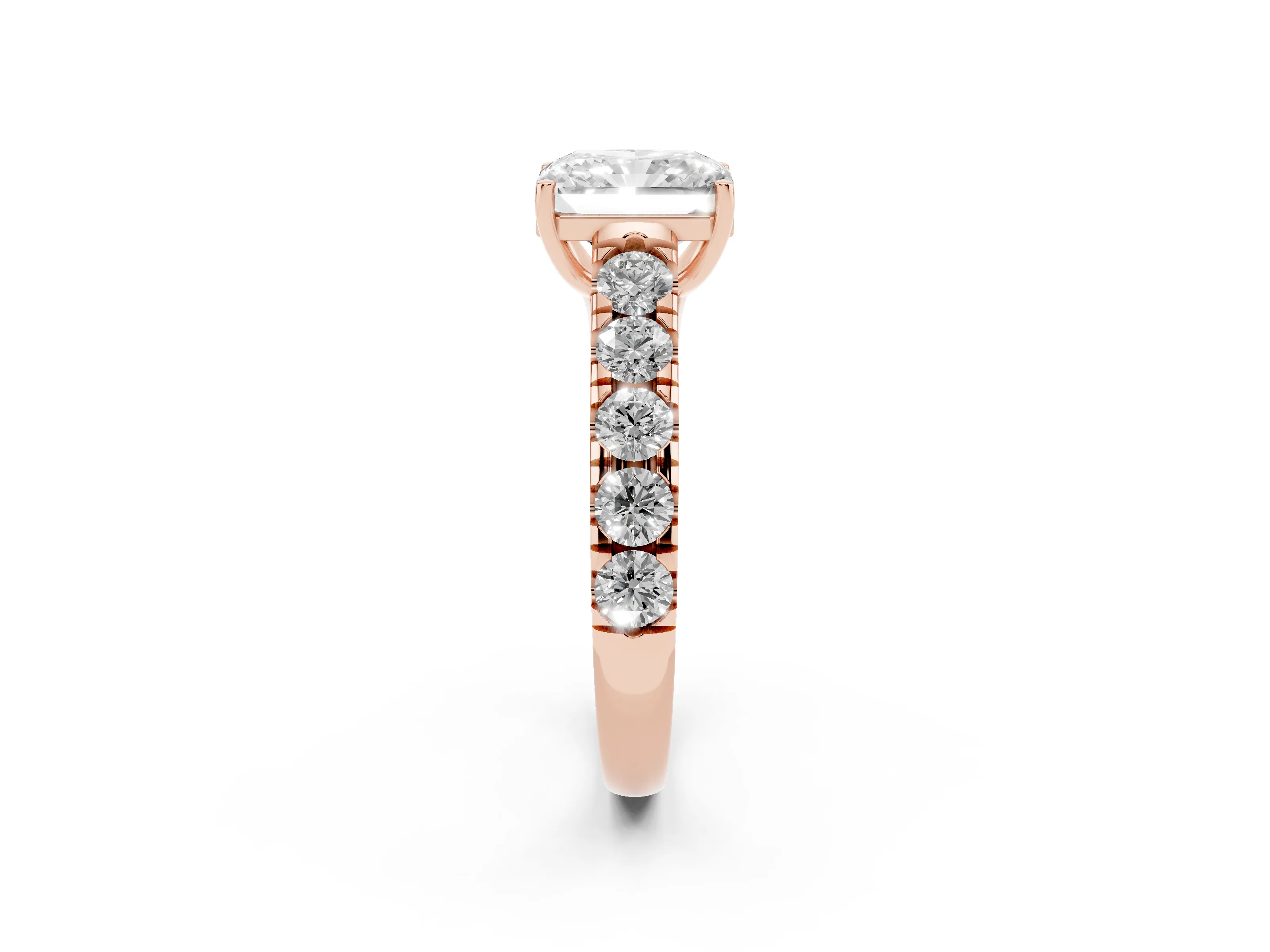 Radiant Cut Diamond Solitaire Ring Set in Rose gold with Cut-Down Micro Pavé Band and Prong Setting