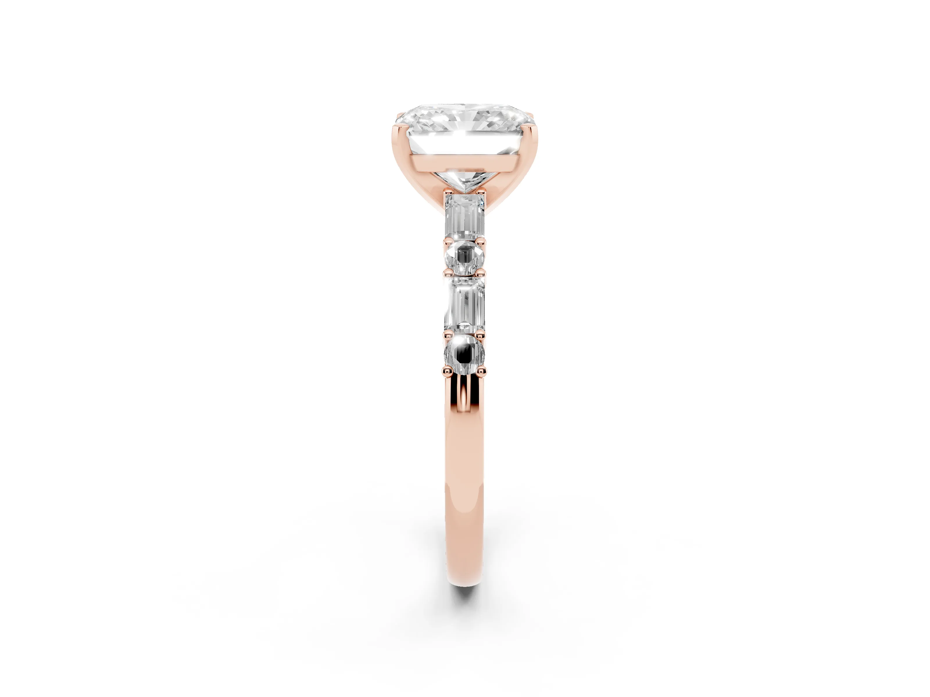 Radiant Cut Diamond Solitaire Set in Rose gold with Side Baguettes and Channel Set Band