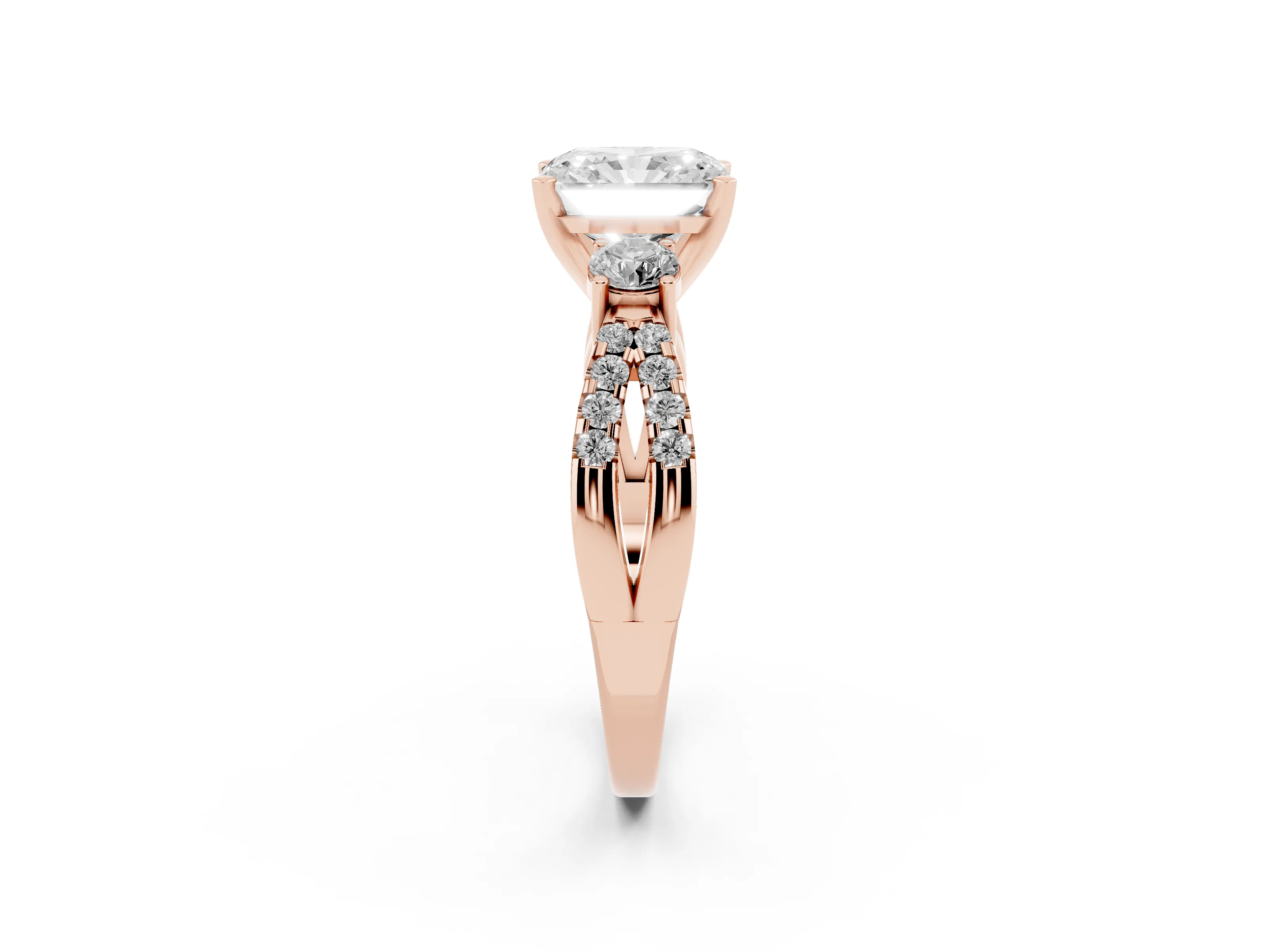 Radiant Cut Diamond Three-Stone Ring Set in Rose gold with Pavé Split Shank and Prong Setting