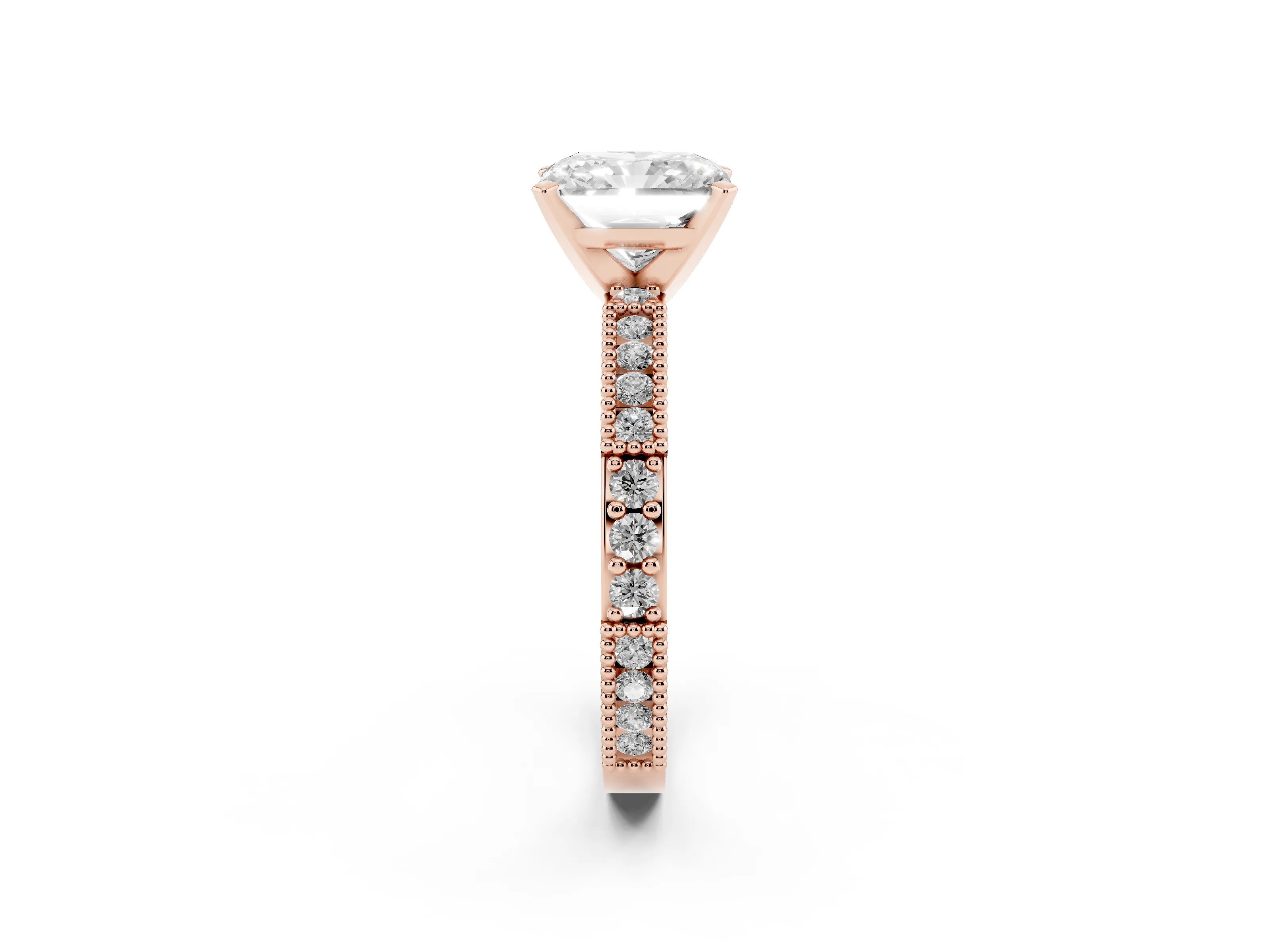 Radiant Cut Diamond Solitaire Ring Set in Rose gold with Slim Pavé Band and Prong Setting