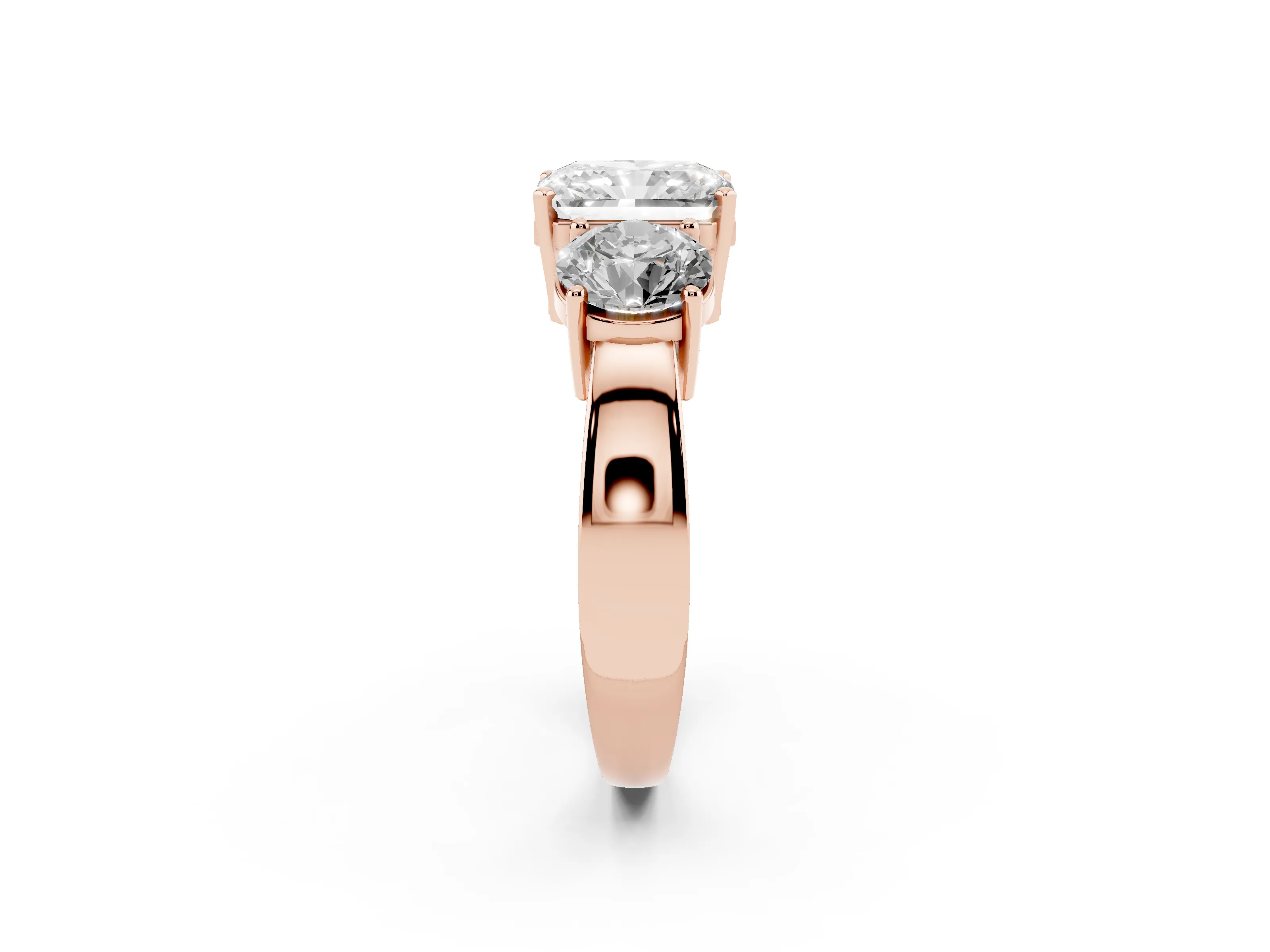 Radiant Cut Diamond Three-Stone Ring Set in Rose gold with Round Side Stones and Classic Band