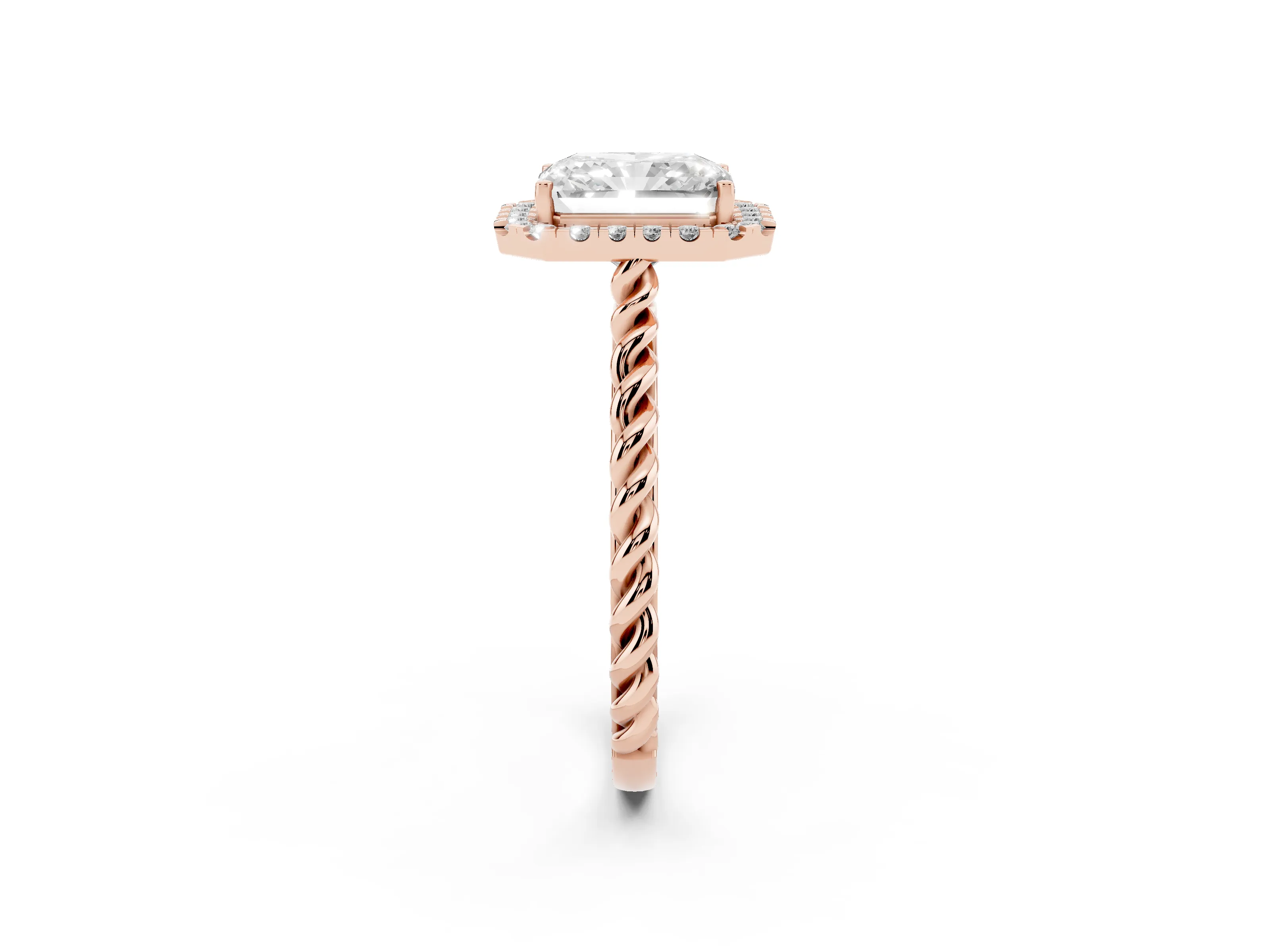Radiant Cut Diamond Halo Ring Set in Rose gold with Plain Twisted Band