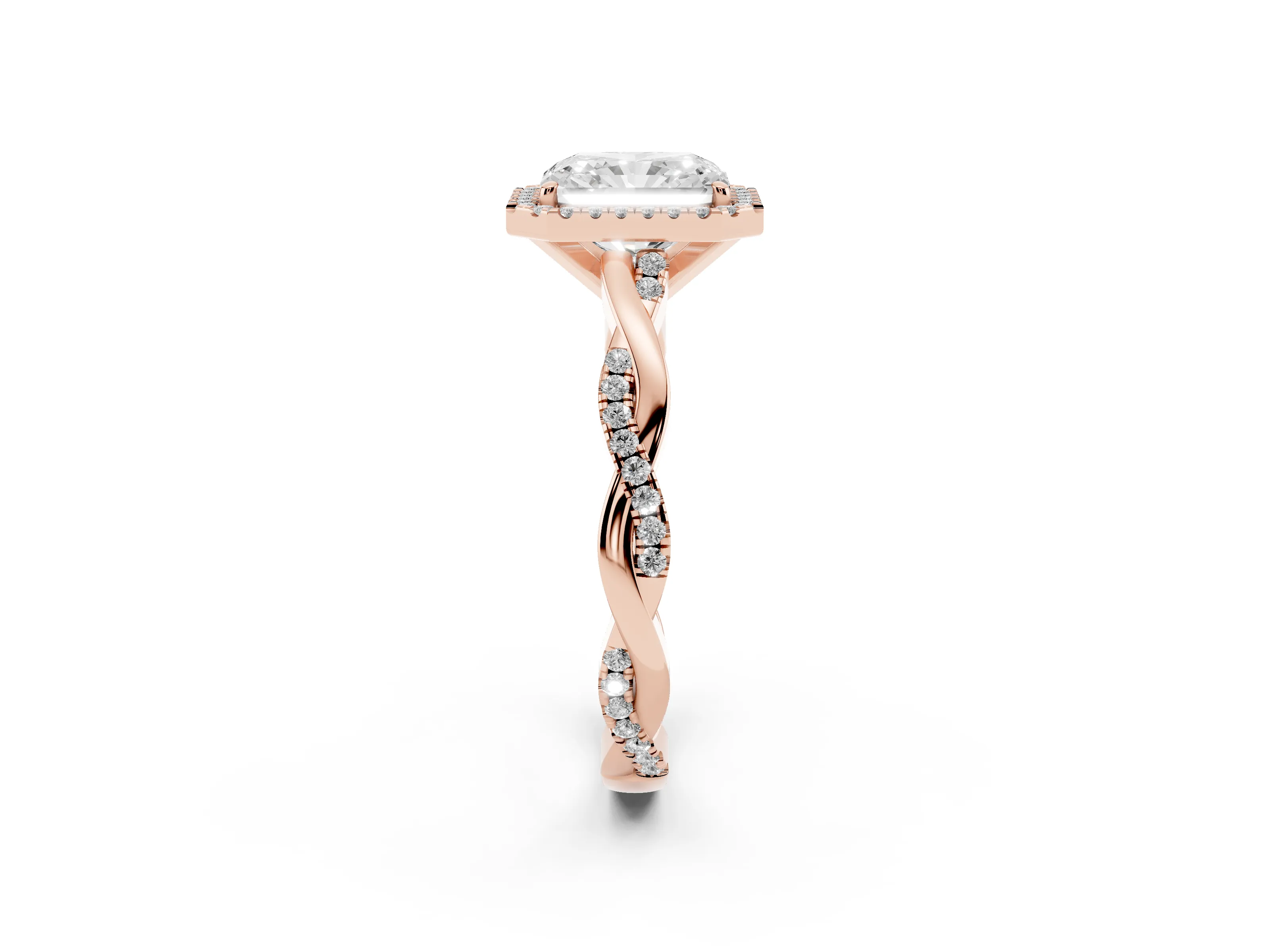 Radiant Cut Diamond Halo Twisted Band Ring Set in Rose gold with Prong Setting