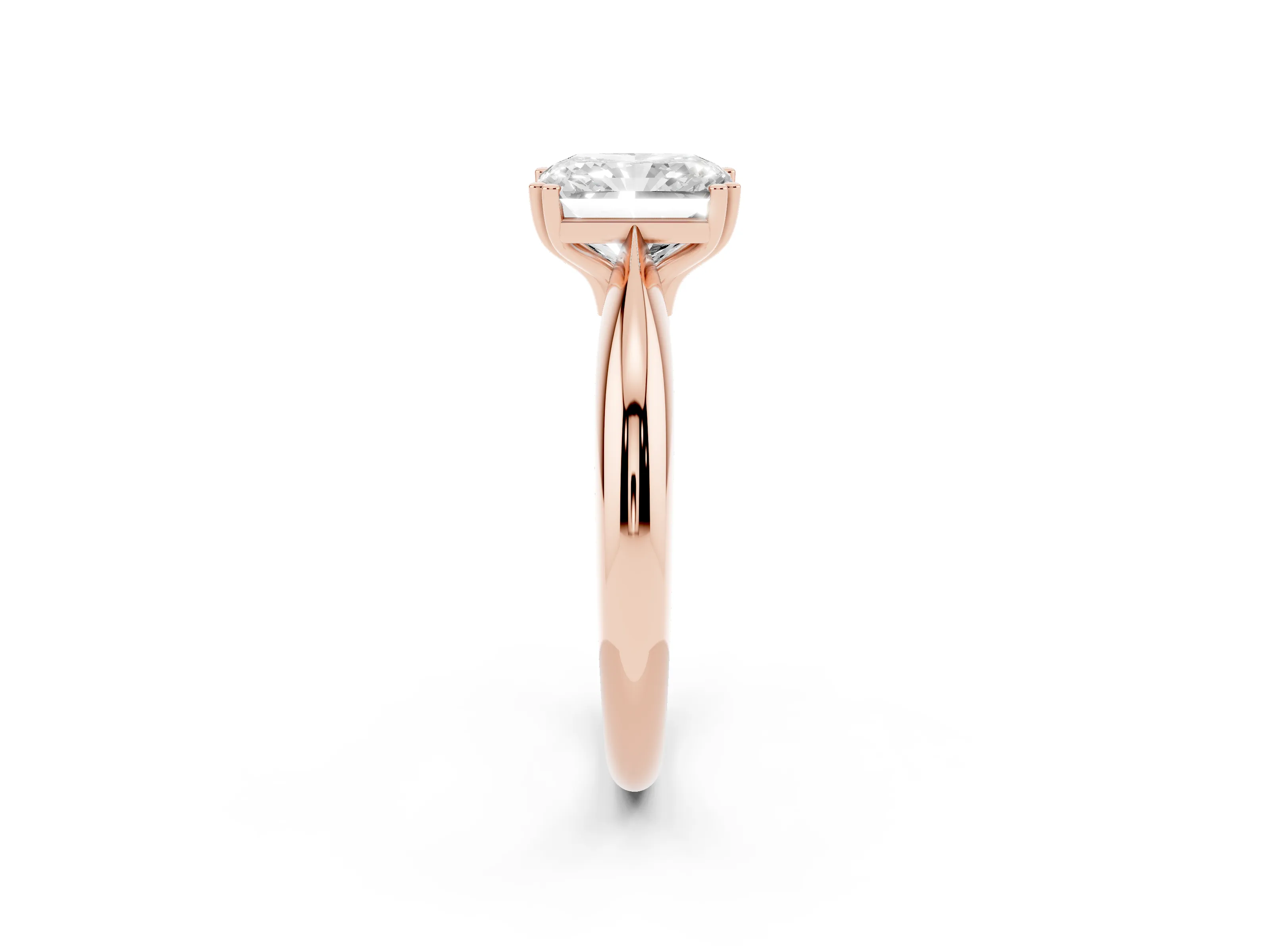 Radiant Cut Diamond Solitaire Engagement Ring Set in Rose gold with Tapered Band and Prong Setting