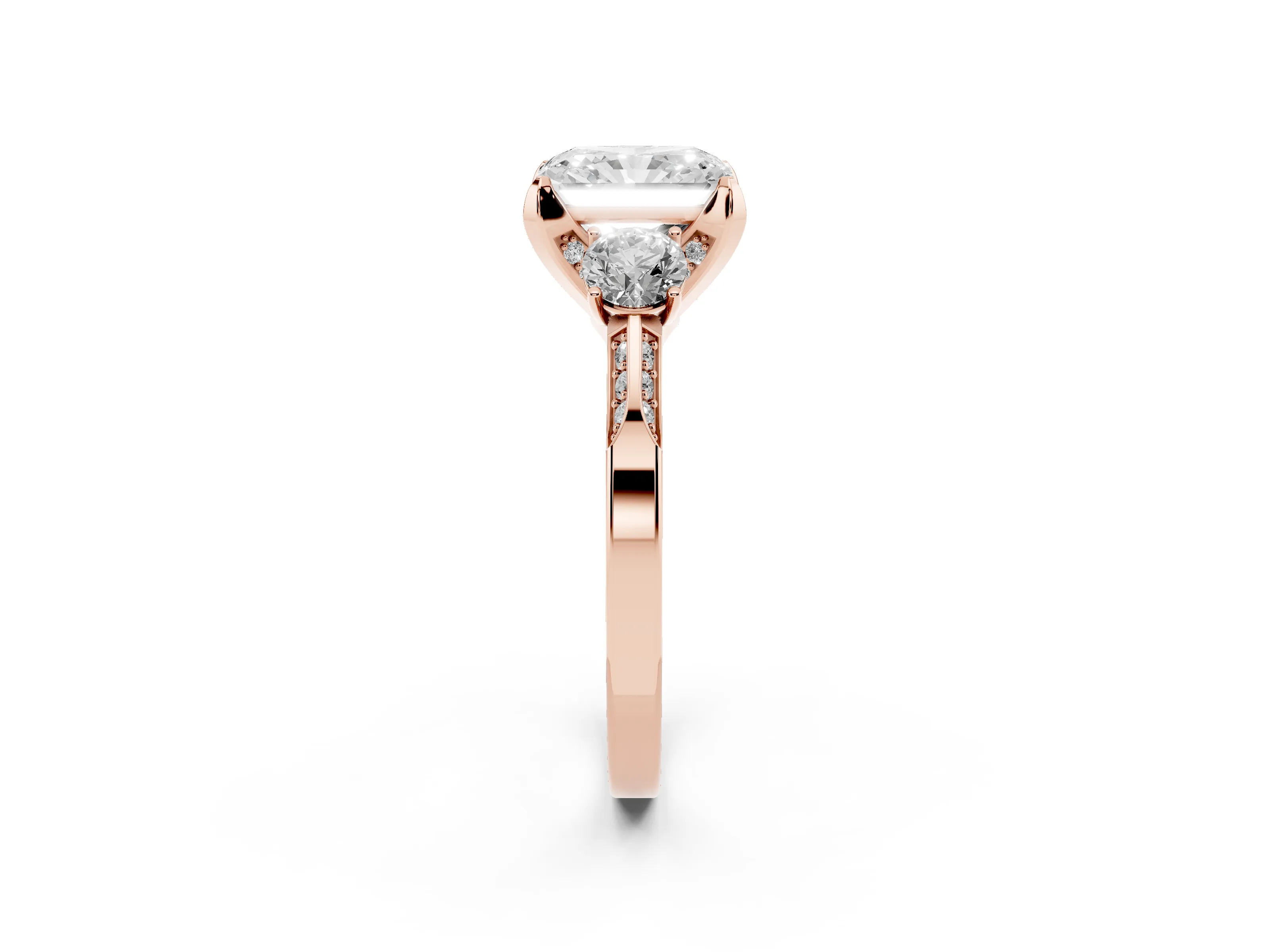 Radiant Cut Diamond Three-Stone Ring Set in Rose gold with Pavé Band and Smaller Side Stones