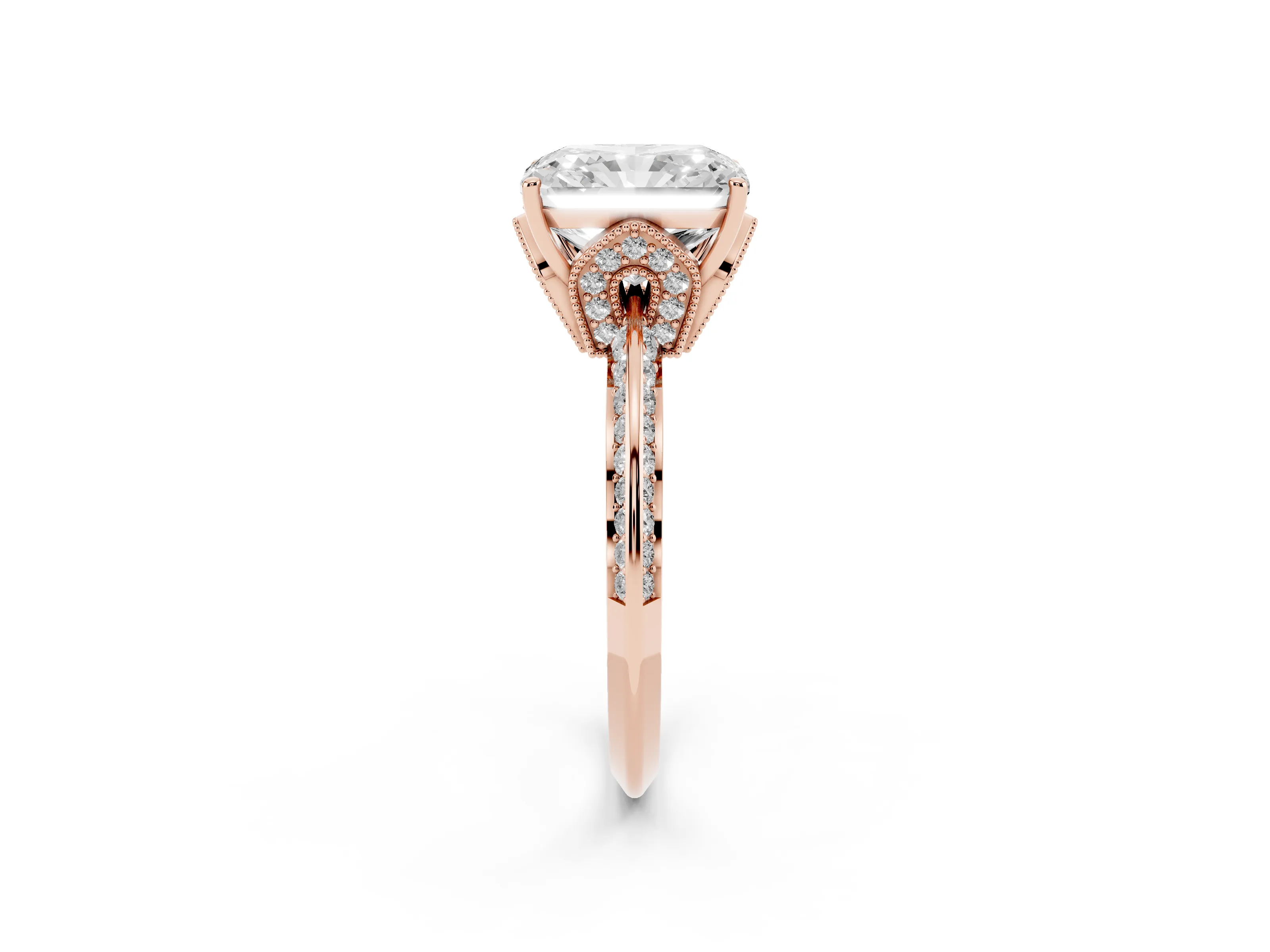 Radiant Cut Diamond Solitaire Engagement Ring Set in Rose gold with Pavé Split Shank and Prong Setting