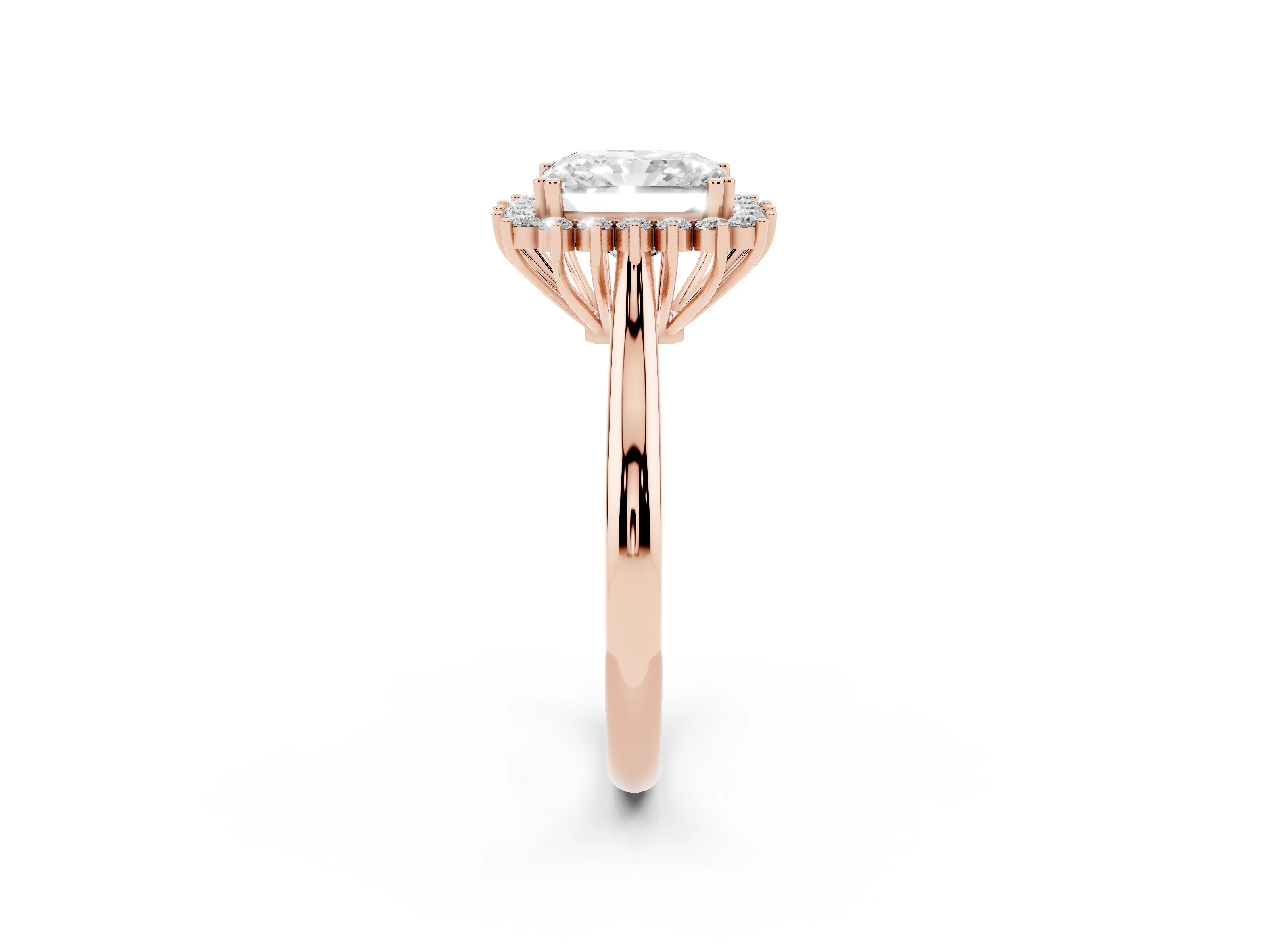 Radiant Cut Diamond Halo Ring Set in Rose gold with Plain Solitaire Band and Prong Setting