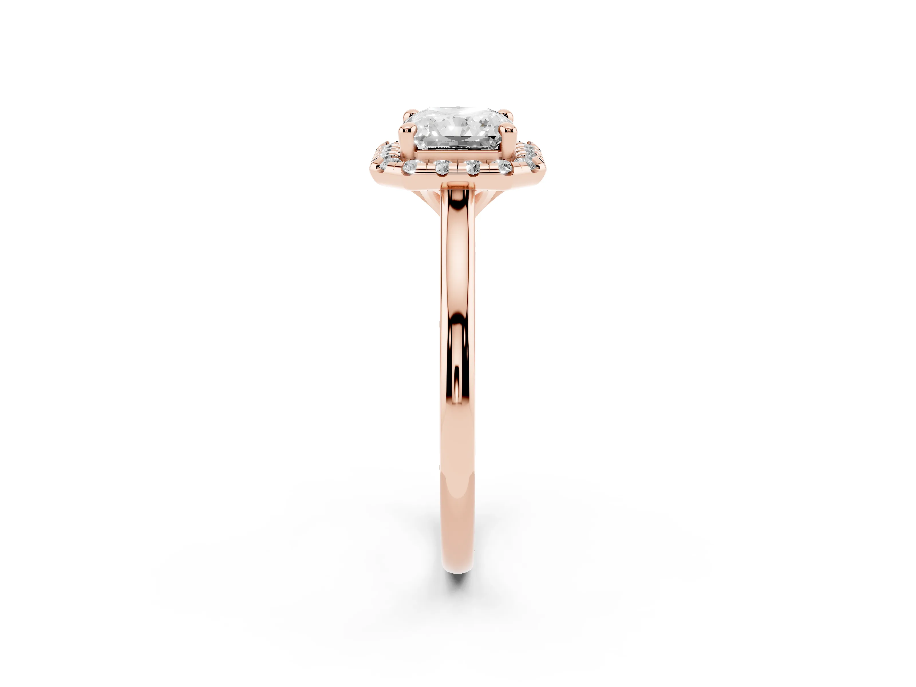 Radiant Cut Diamond Halo Engagement Ring Set in Rose gold with Pavé Band and Rising Shoulders