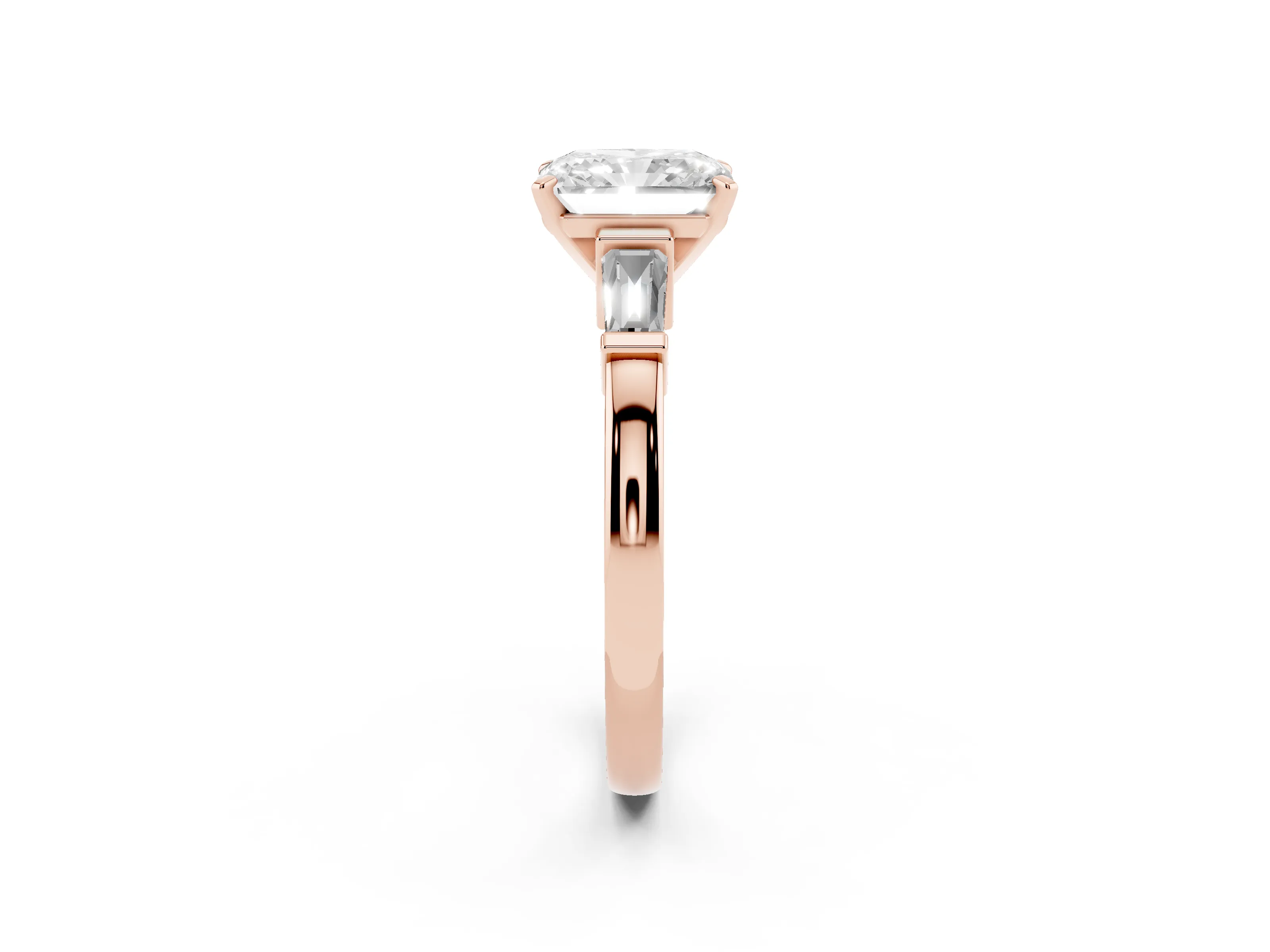 Radiant Cut Diamond Solitaire Ring Set in Rose gold with Tapered Baguette Accents and Prong Setting