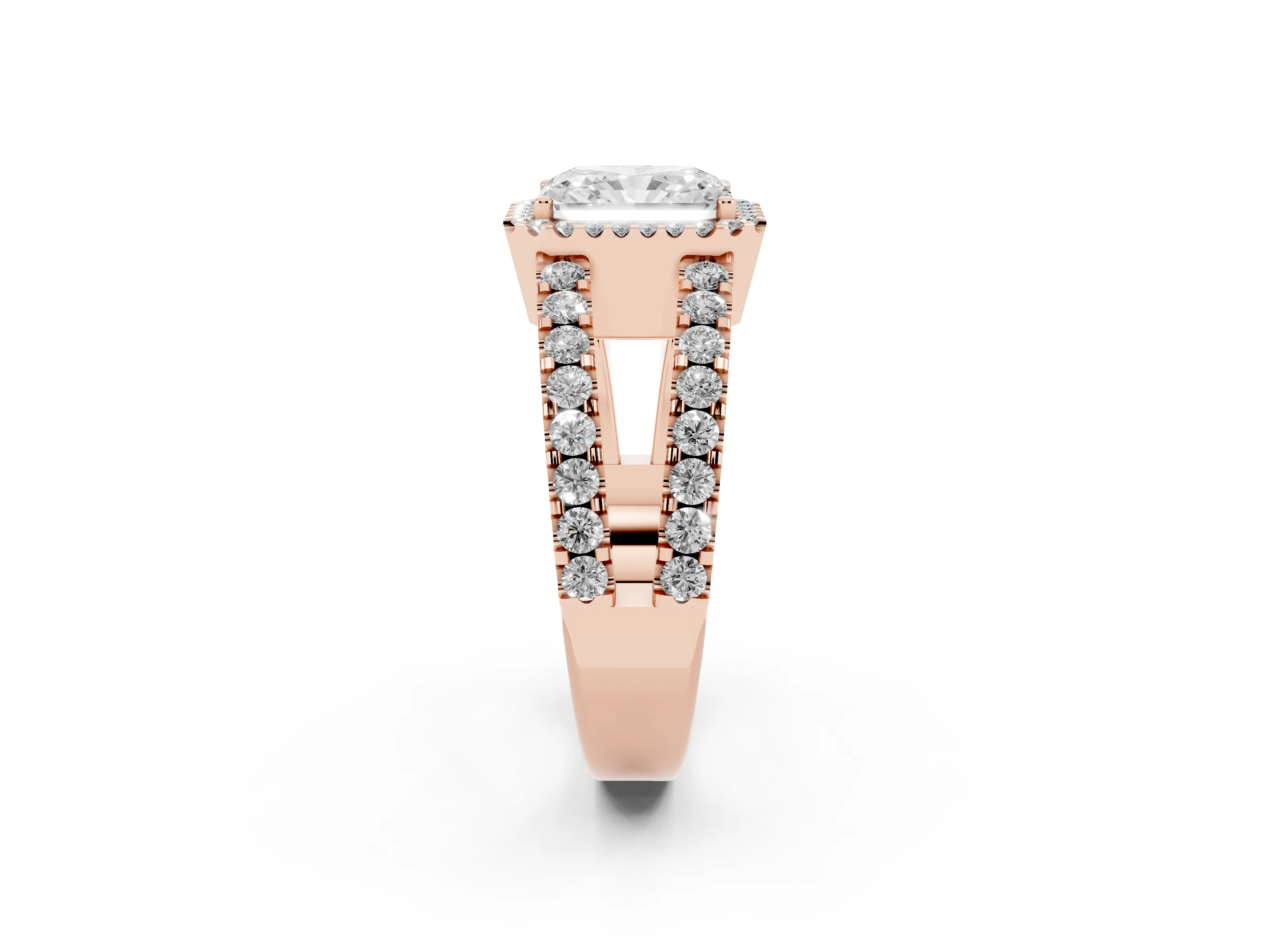 Radiant Cut Diamond Halo Ring Set in Rose gold with Pavé Split Shank and Prong Setting