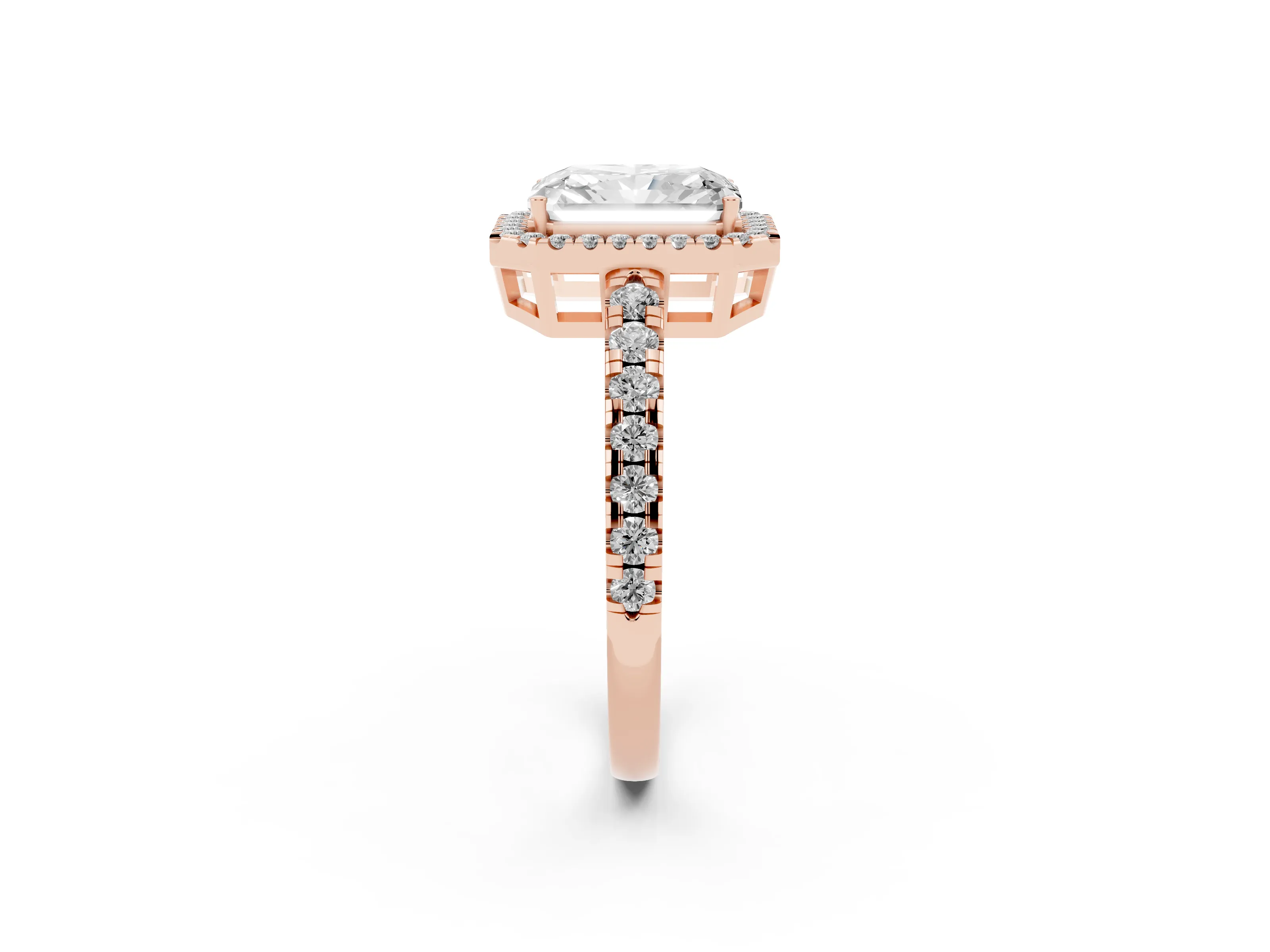 Radiant Cut Diamond Halo Ring Set in Rose gold with Delicate Pavé Band and Prong Setting