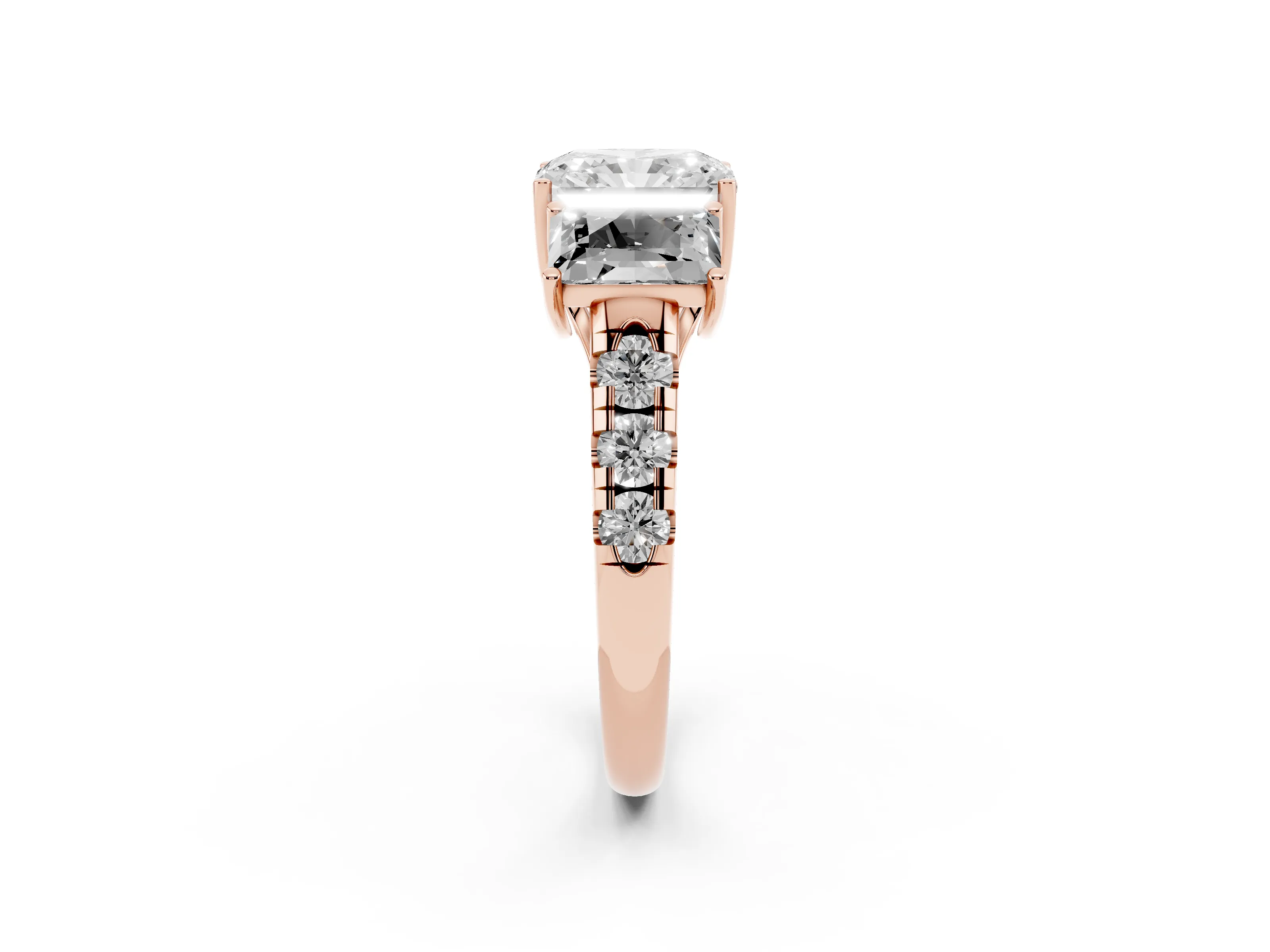 Radiant Cut Diamond Three-Stone Ring Set in Rose gold with Pavé Band