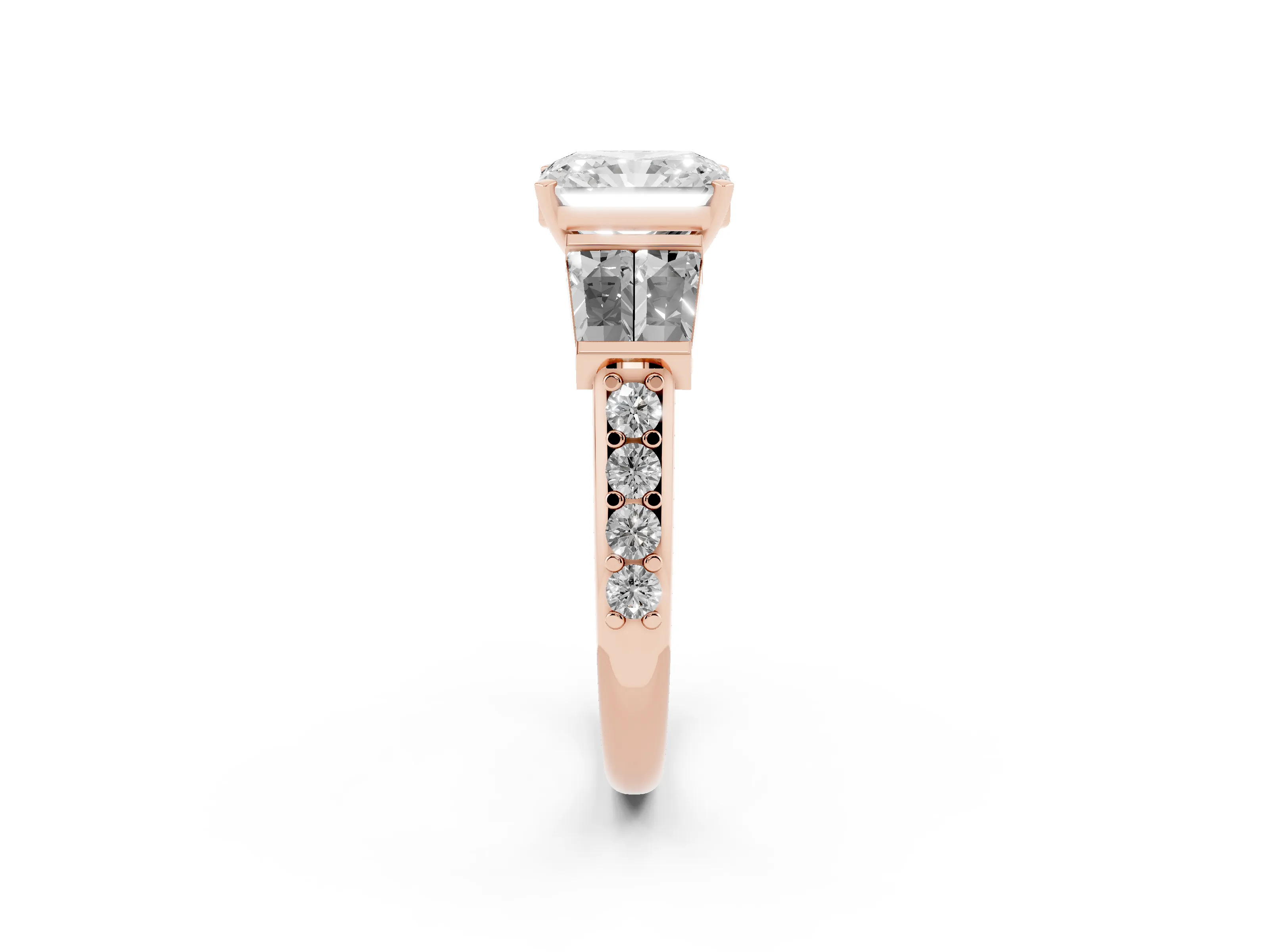 Radiant Cut Diamond Engagement Ring Set in Rose gold with Baguette Side Stones and Channel Set Band