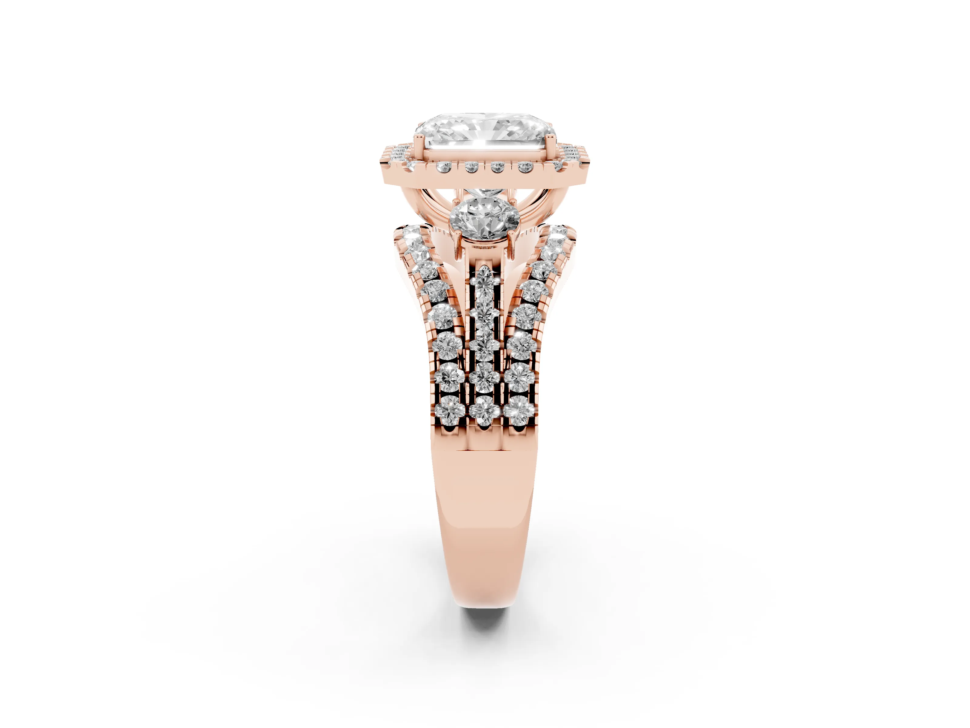 Radiant Cut Diamond Halo Split Shank Ring Set in Rose gold with Round Accent Stones and Prong Setting