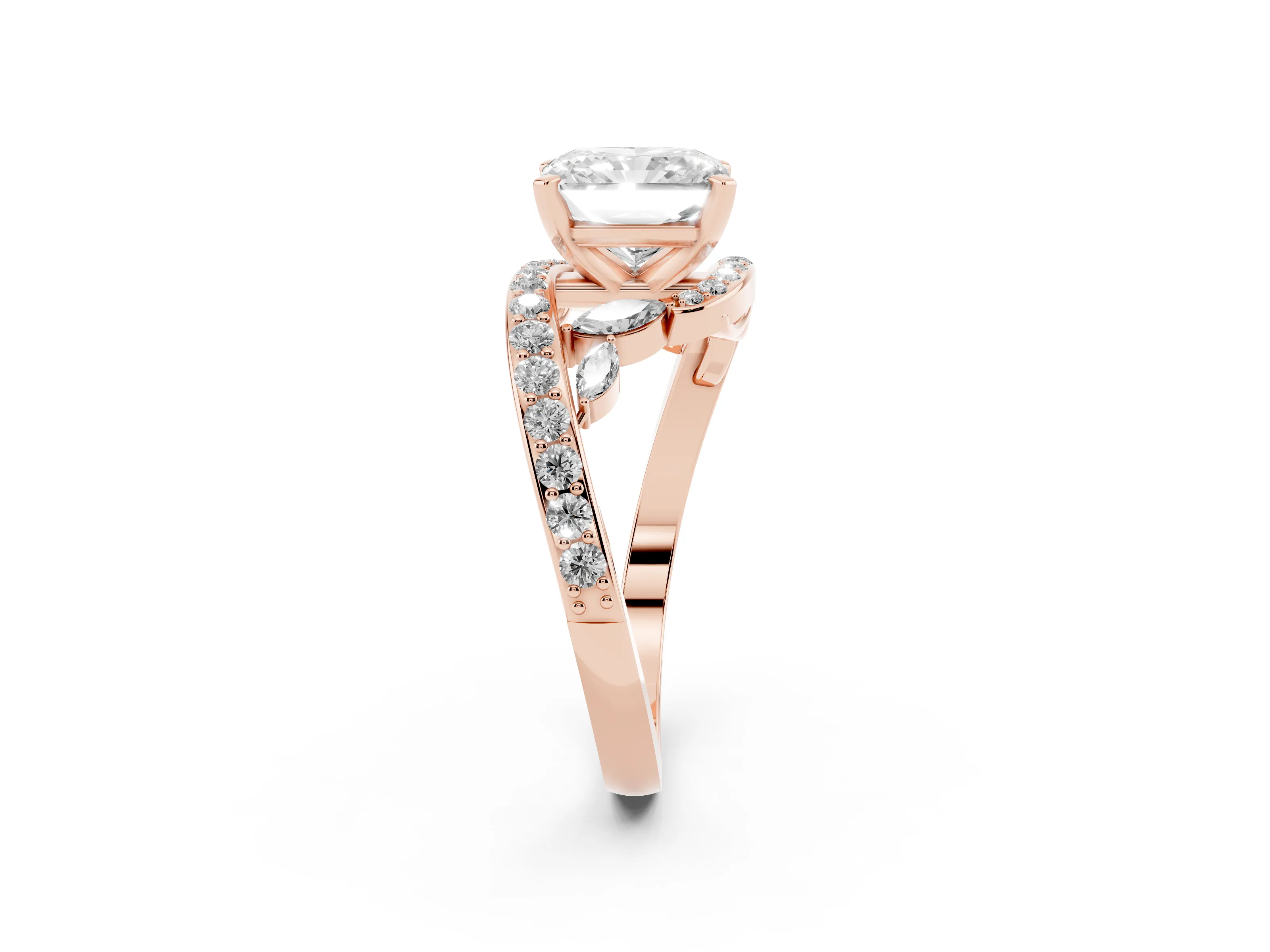 Radiant Cut Diamond Solitaire Ring Set in Rose gold with Pavé Twist Band and Secure Prong Setting
