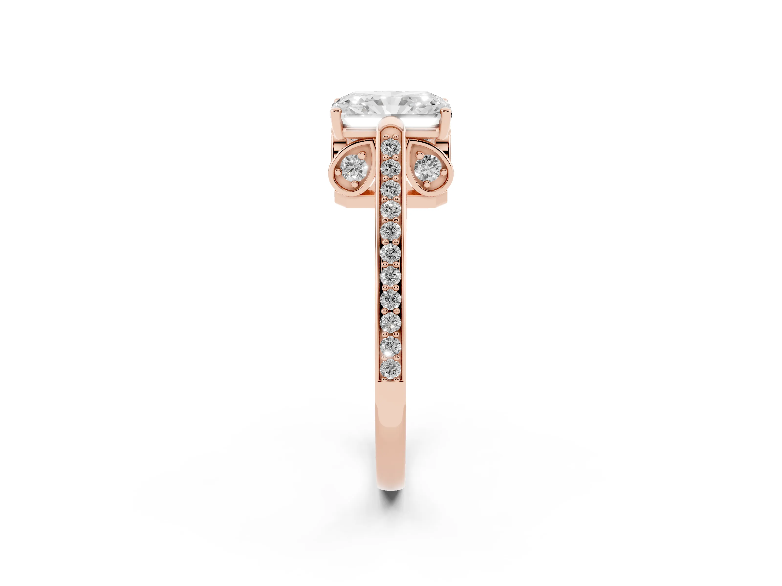 Radiant Cut Diamond Cathedral Pavé Engagement Ring Set in Rose gold with Prong Setting