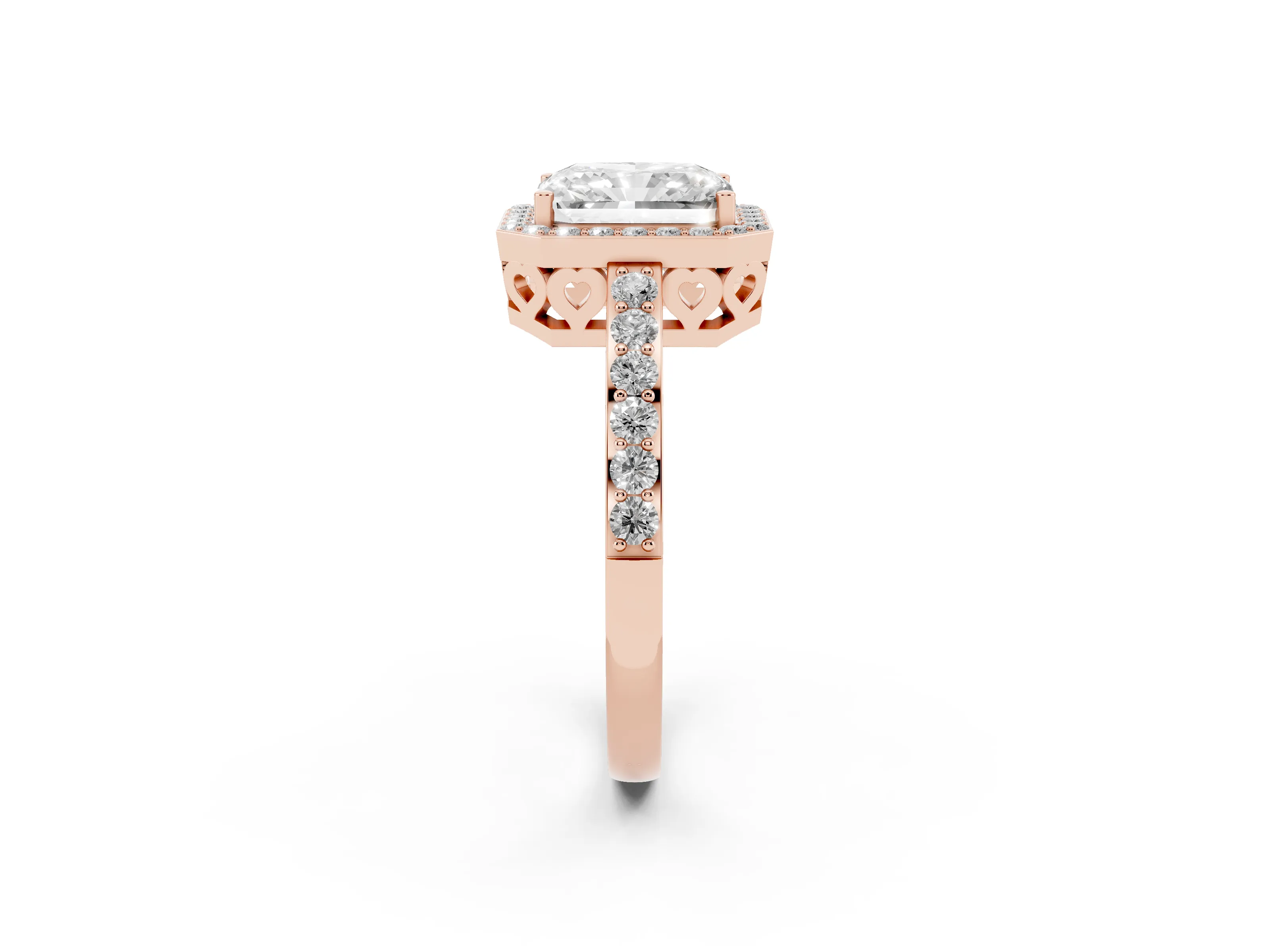 Radiant Cut Diamond Halo Ring Set in Rose gold with Pavé-Setting Band and Open Prong Center
