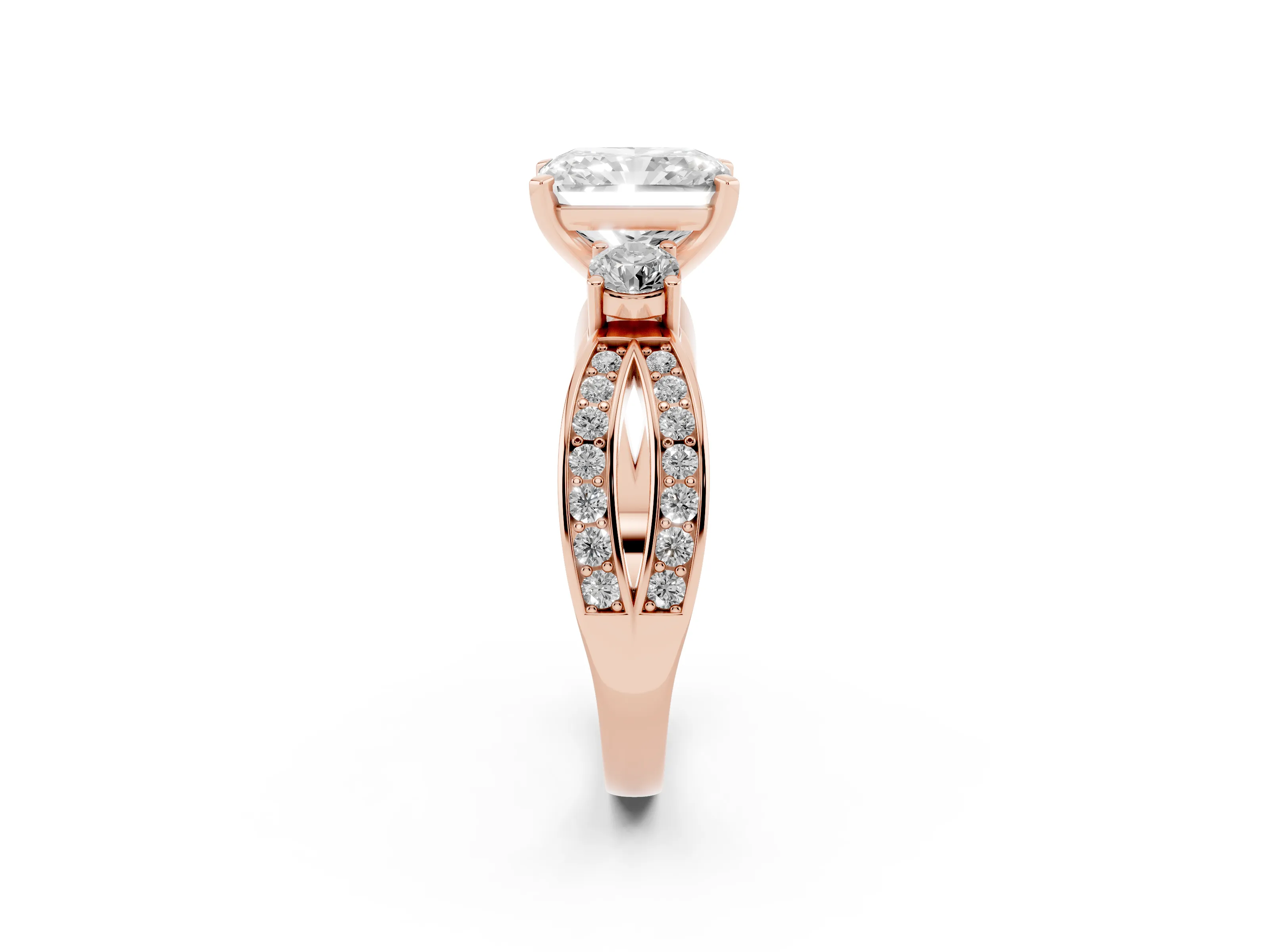 Three-Stone Radiant Cut Diamond Twist Band Ring Set in Rose gold with Pavé Accents and Prong Setting