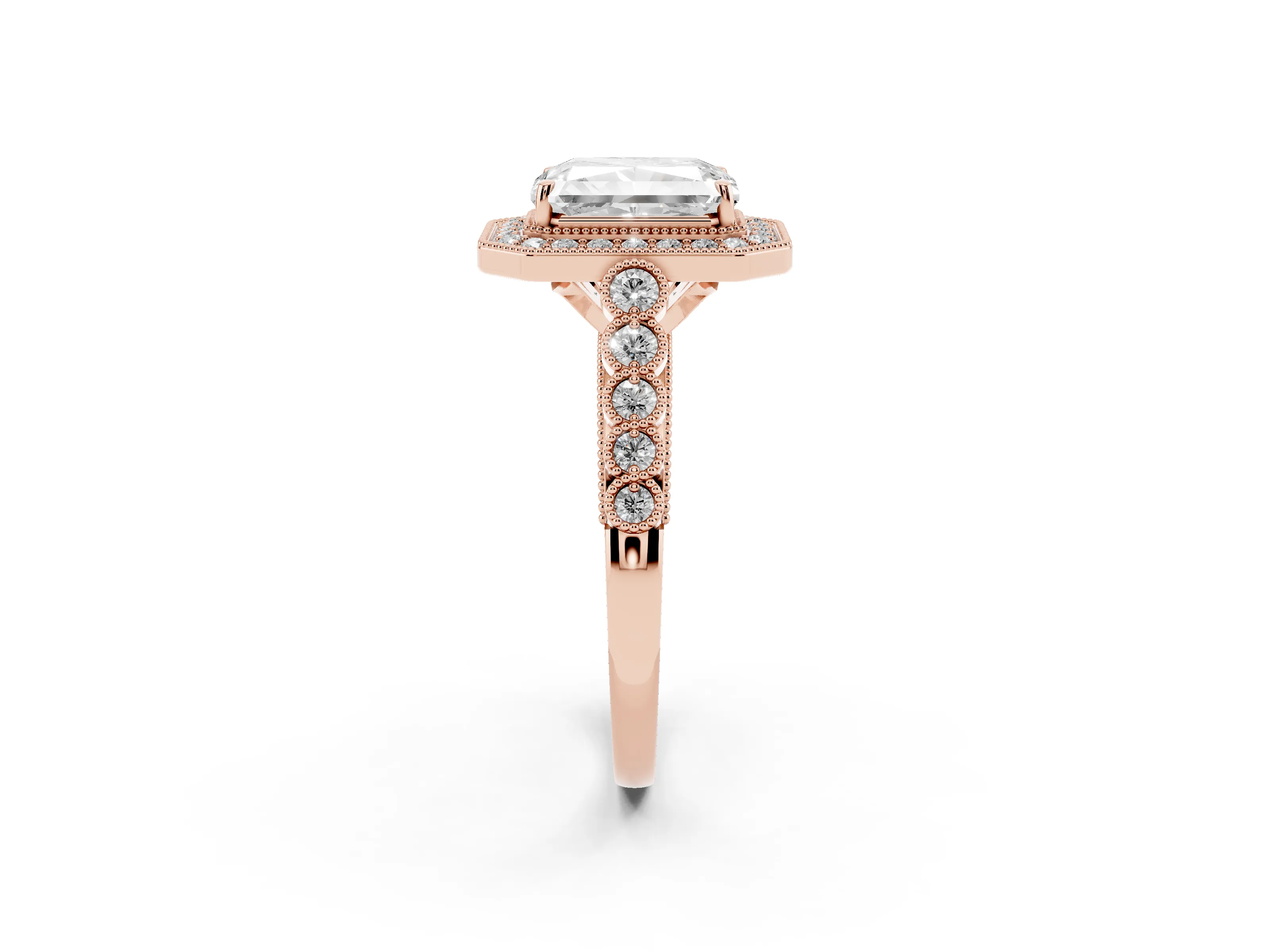 Radiant Cut Diamond Milgrain Halo Solitaire Ring Set in Rose gold with Bezel Set Side Stones and Pavé Band