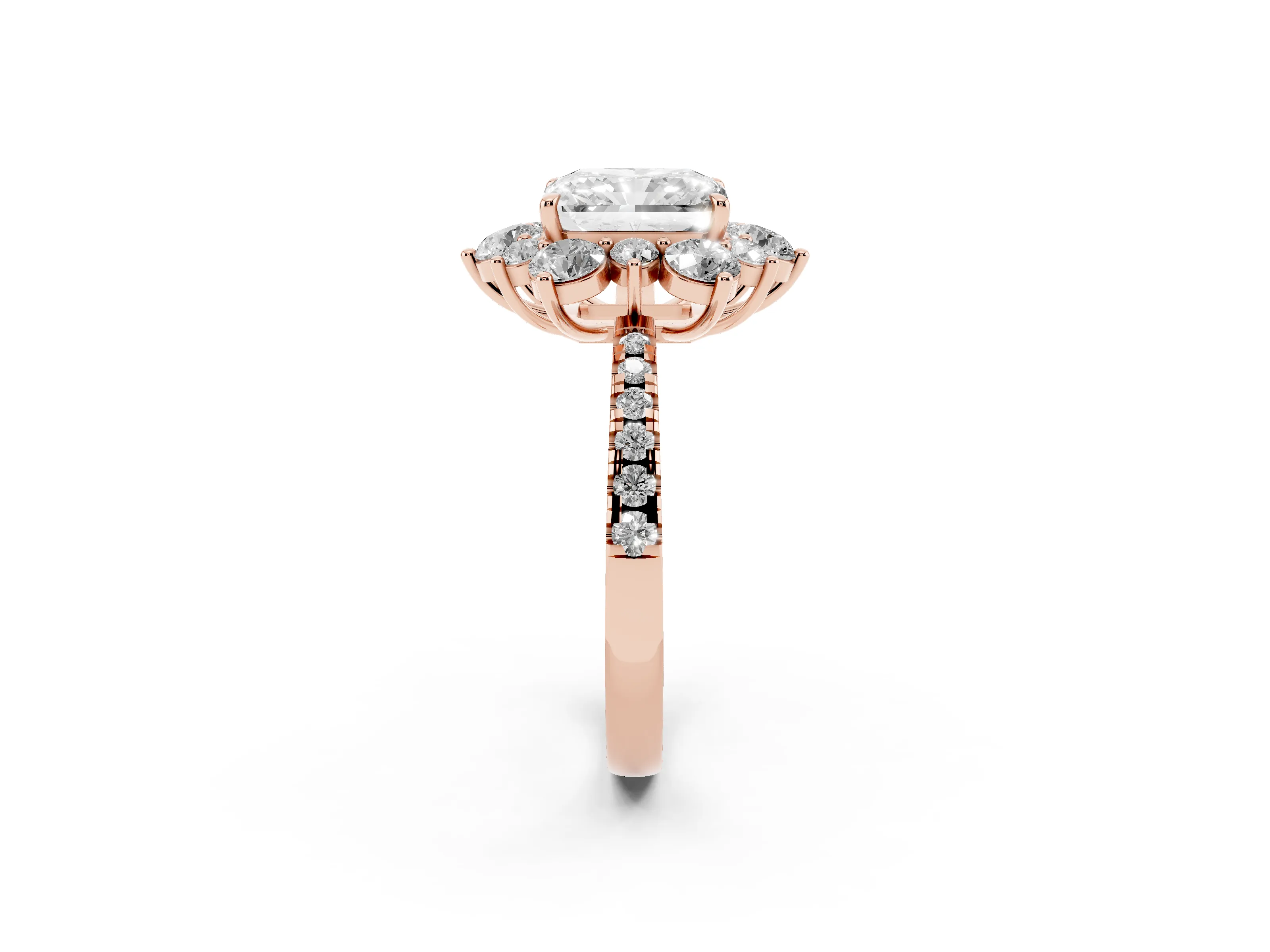 Radiant Cut Diamond Floral Halo Ring Set in Rose gold with Round Pavé Band and Prong Setting