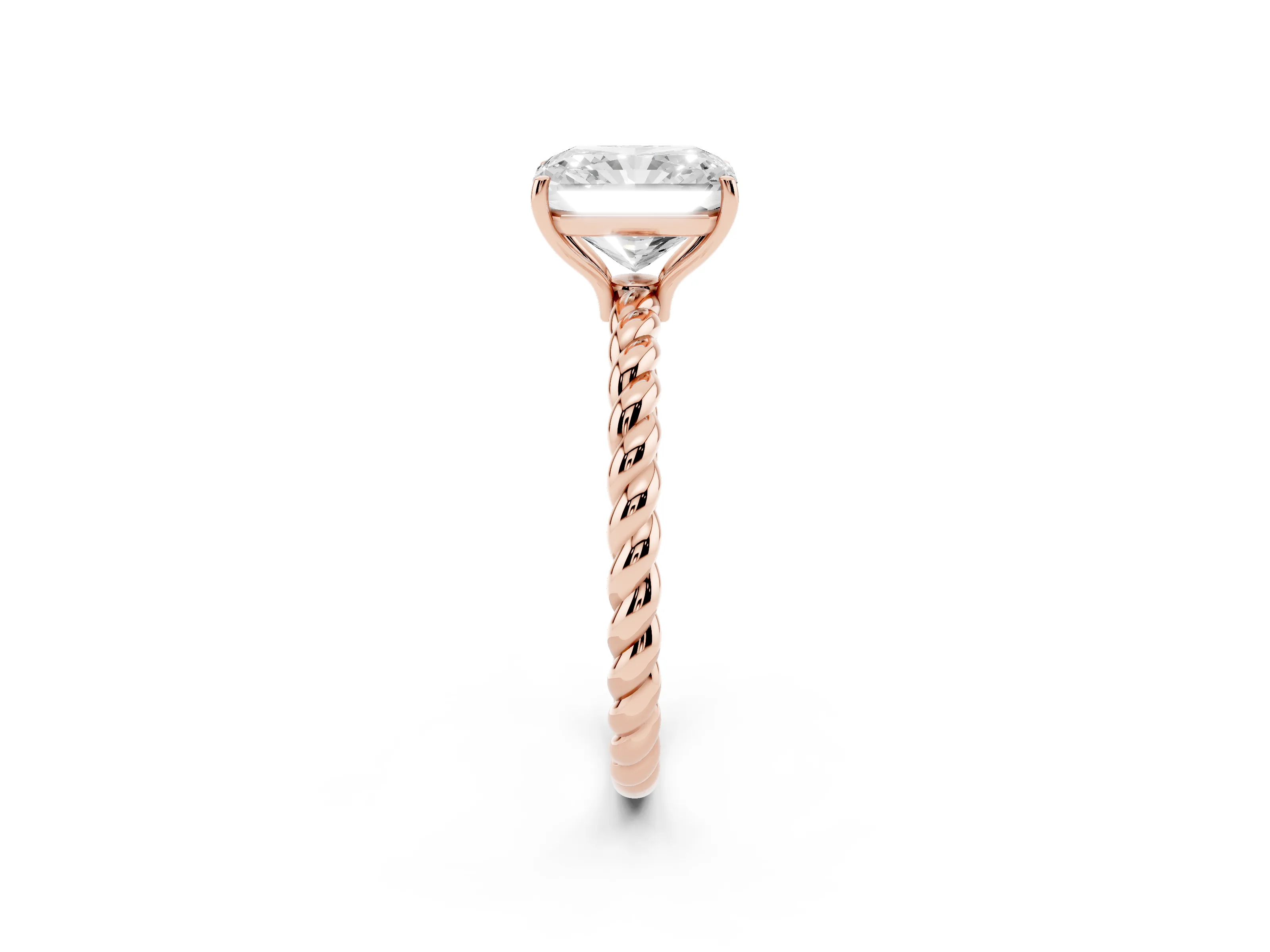 Radiant Cut Diamond Solitaire Ring Set in Rose gold with Twist Band and Prong Setting