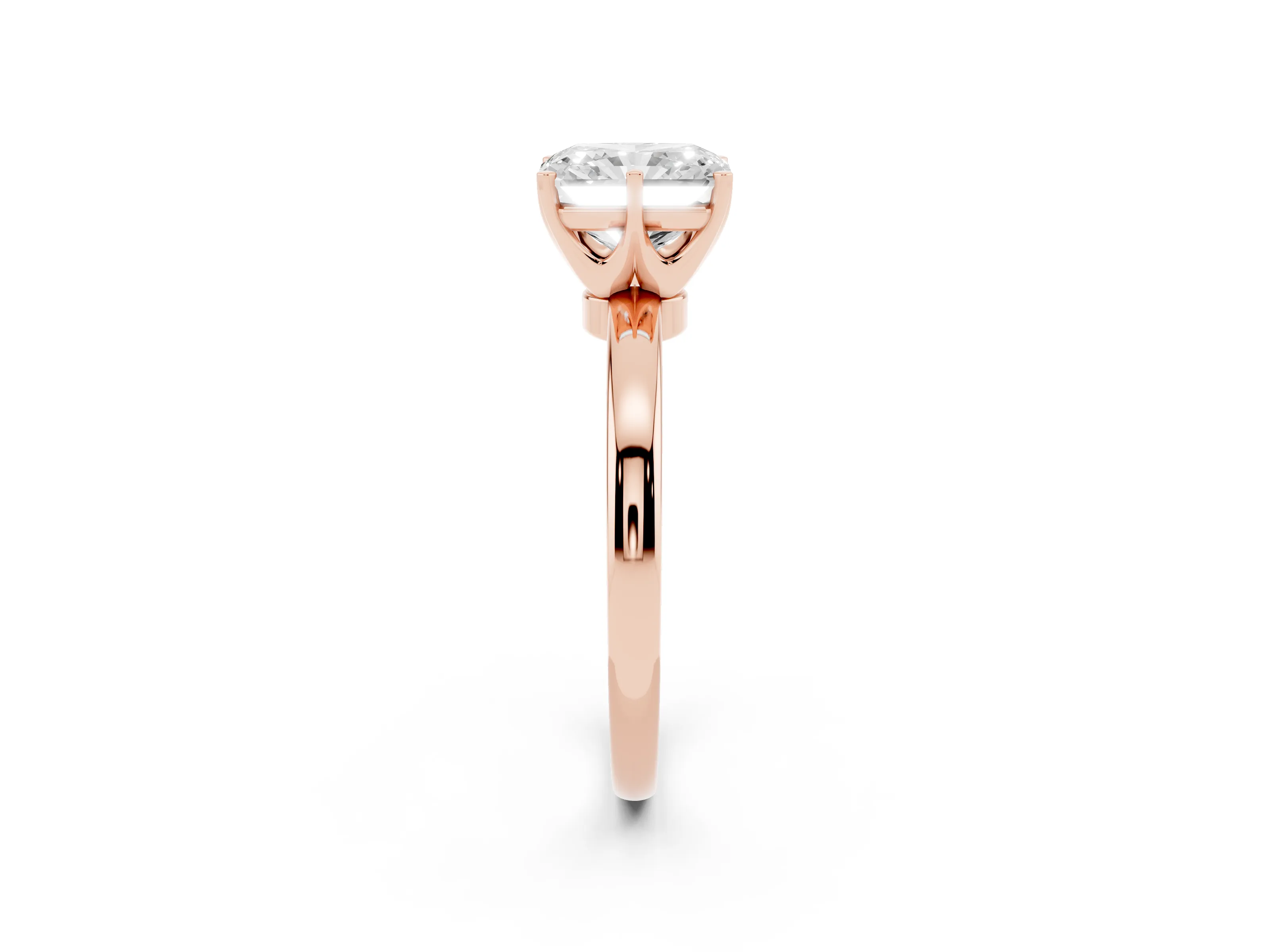 Radiant Cut Diamond Solitaire Ring Set in Rose gold with Raised Prong Setting on a Classic Band