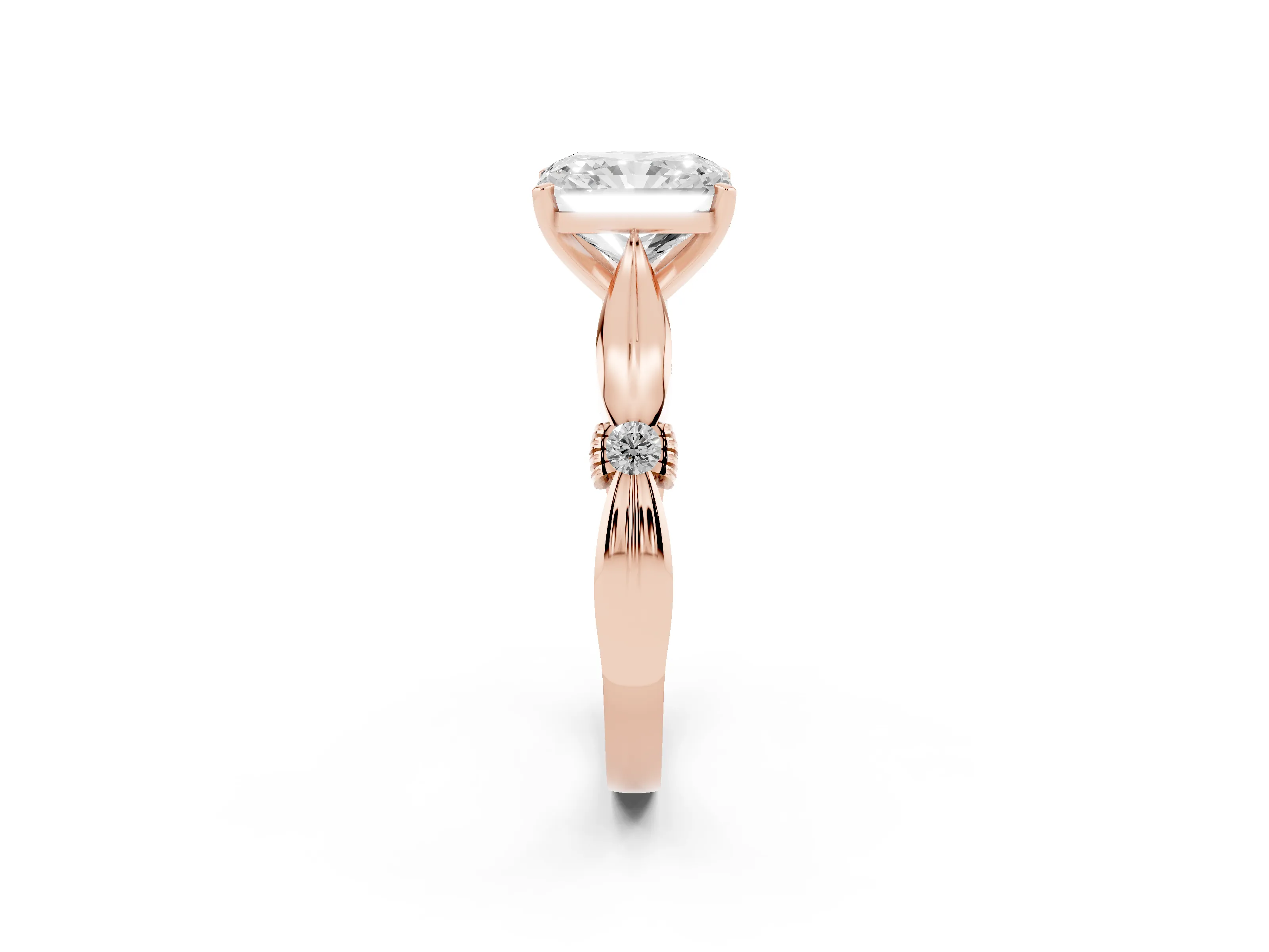 Radiant Cut Diamond Solitaire Twisted Band Ring Set in Rose gold with Accent Stones and Prong Setting