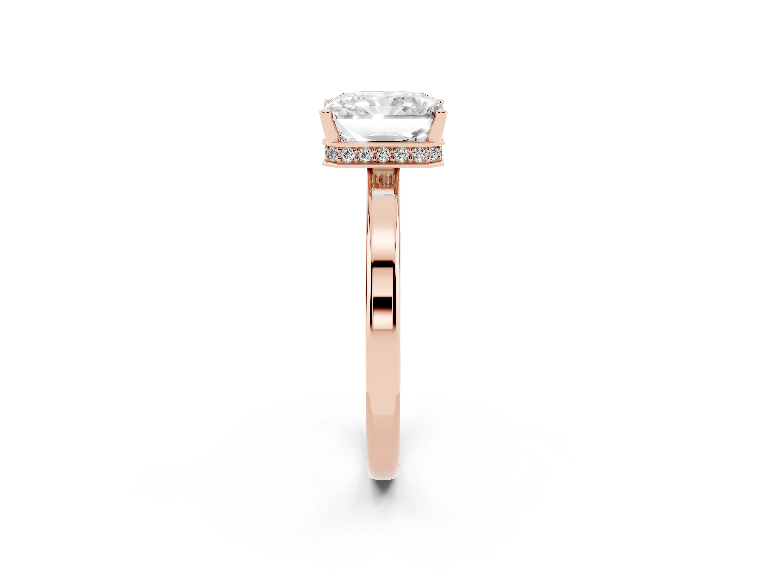 Radiant Cut Diamond Solitaire Engagement Ring Set in Rose gold with Prong Setting on a Plain Band