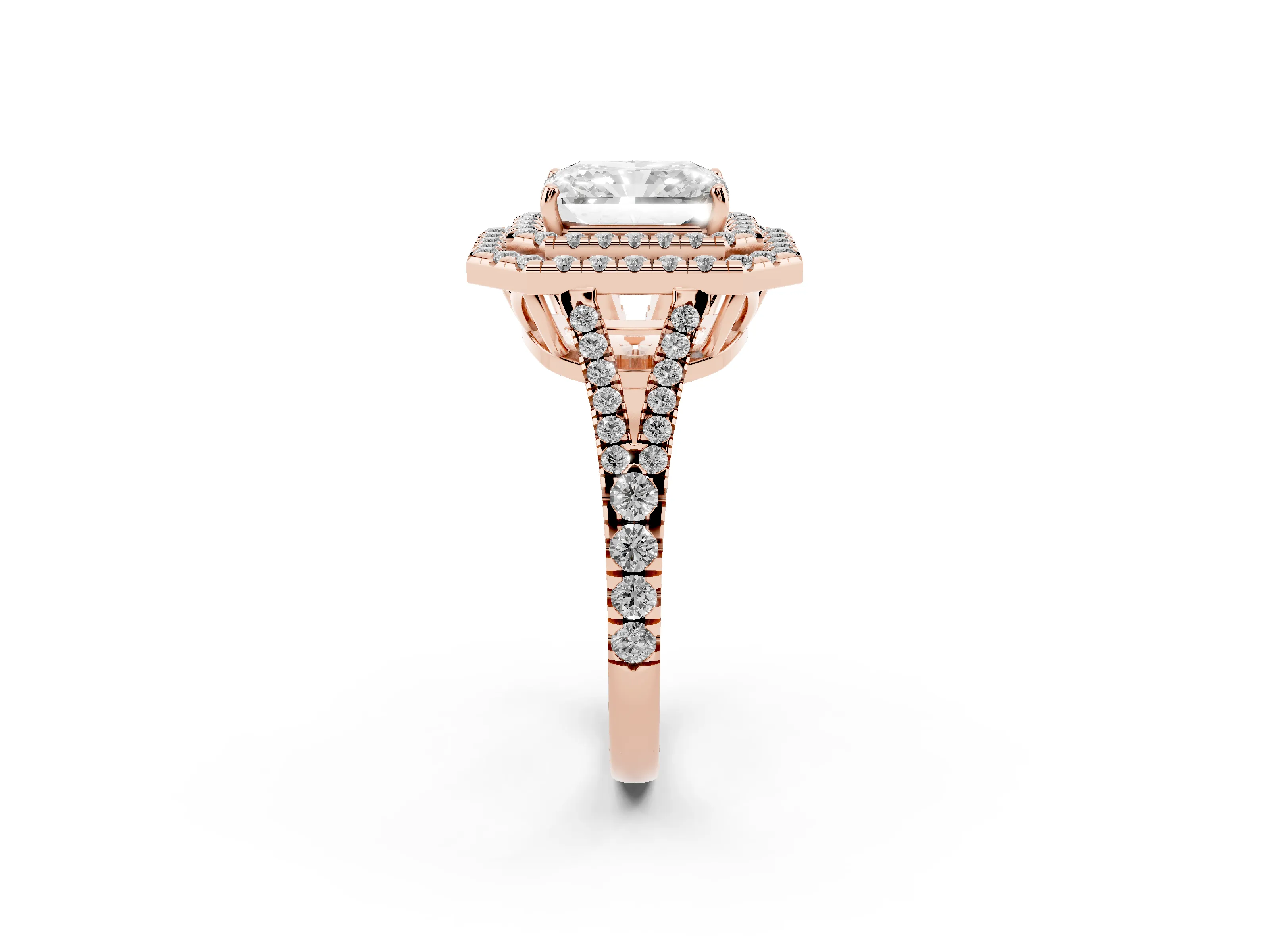 Radiant Cut Diamond Double Halo Ring Set in Rose gold with Pavé Band