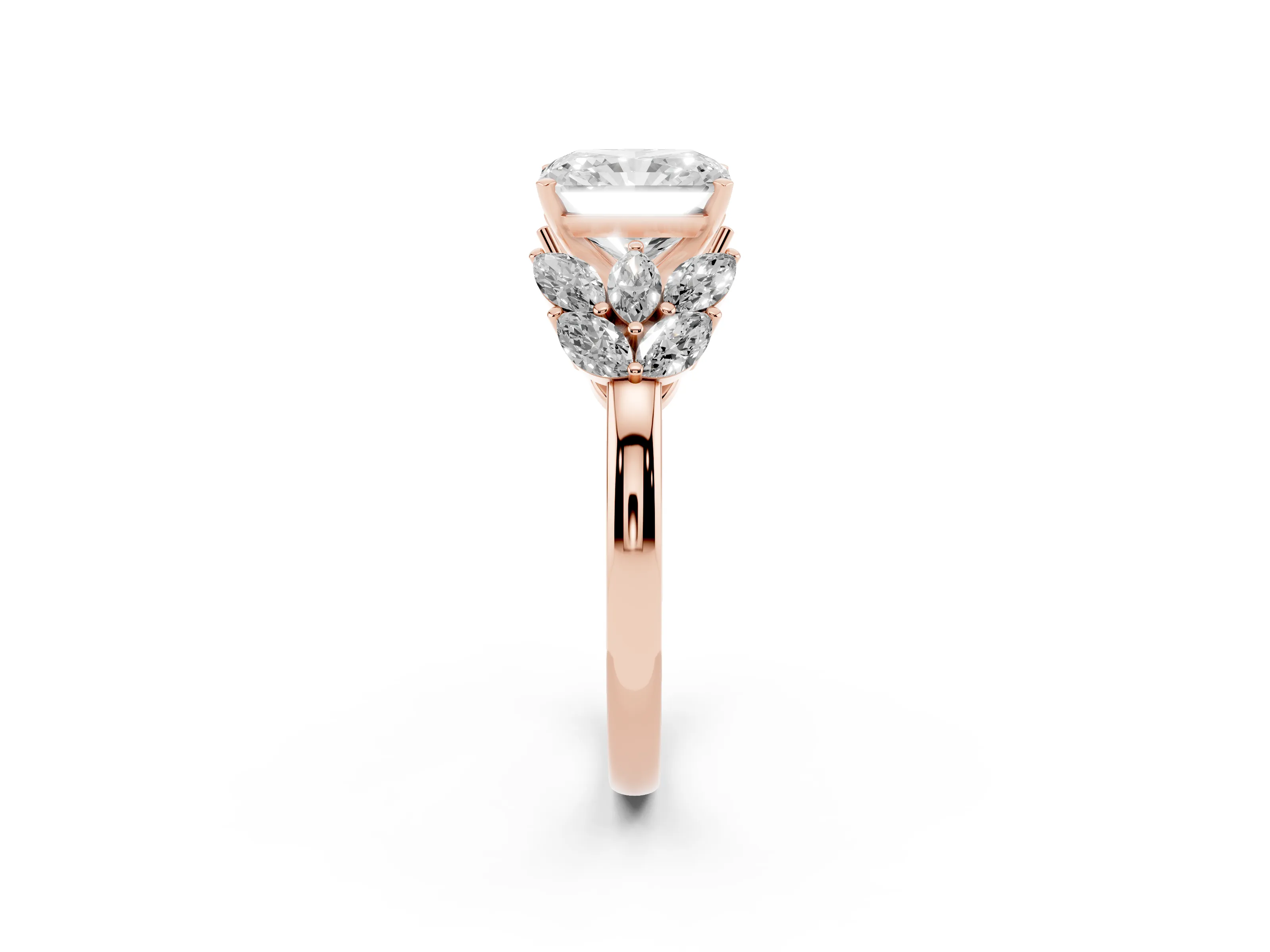 Radiant Cut Diamond Cluster Leaf Design Ring Set in Rose gold with Prong Setting