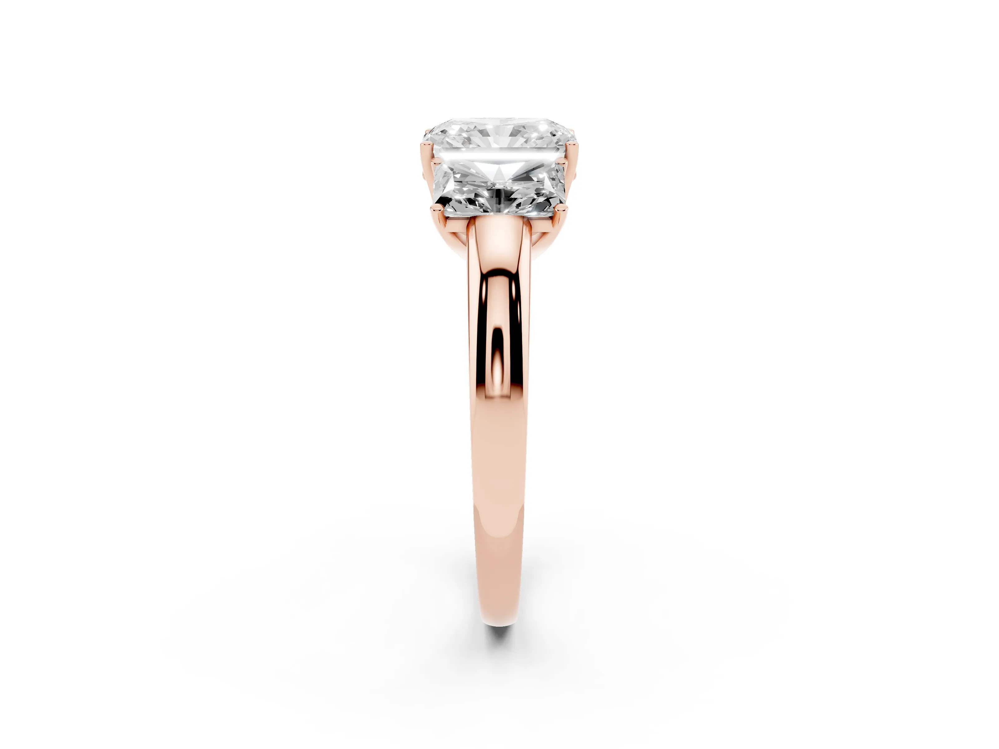 Radiant Cut Diamond Three-Stone Ring Set in Rose gold with Bold Center and Classic Band