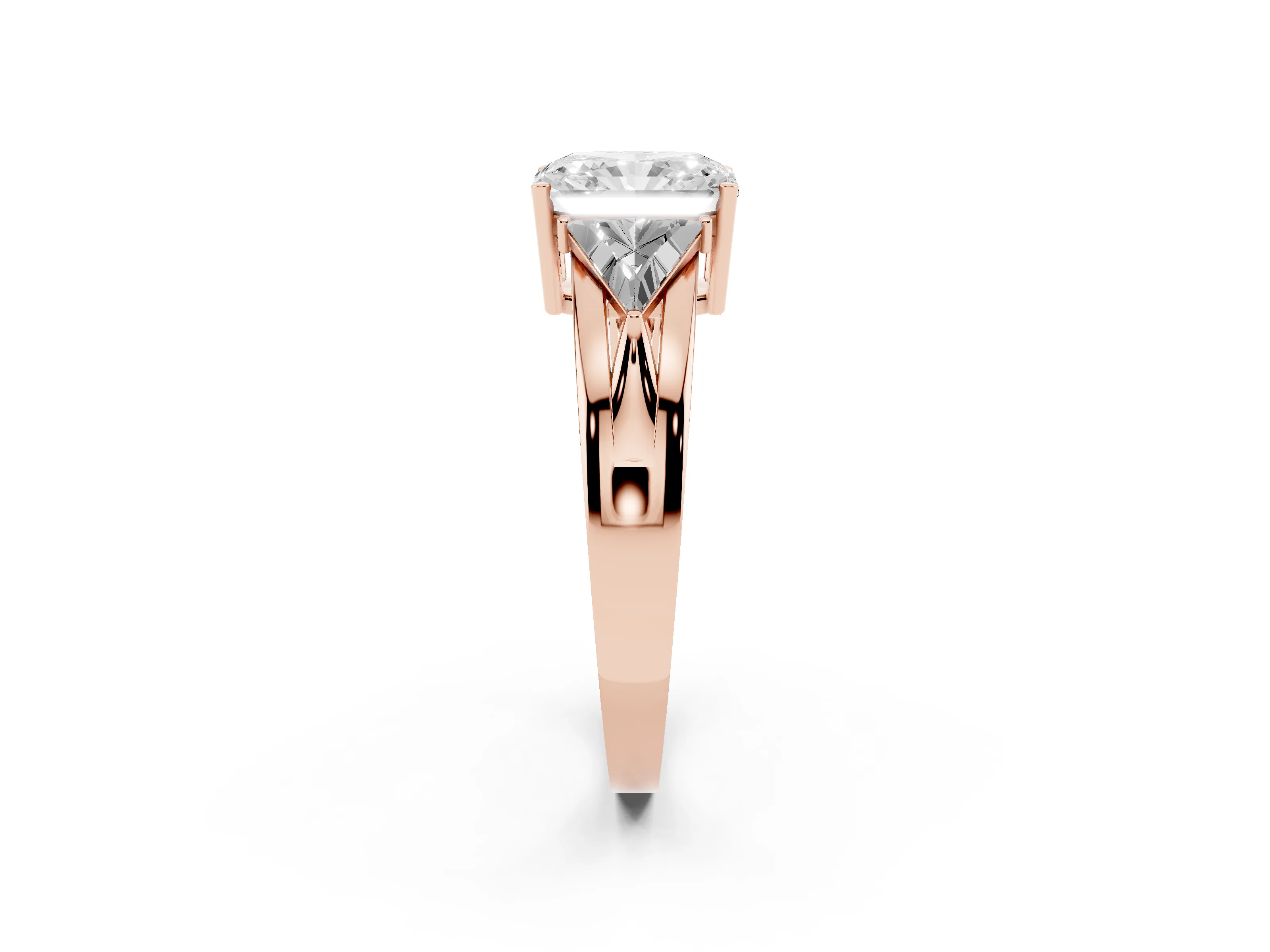 Radiant Cut Diamond Three-Stone Ring Set in Rose gold with Trillion Side Stones and Split Shank