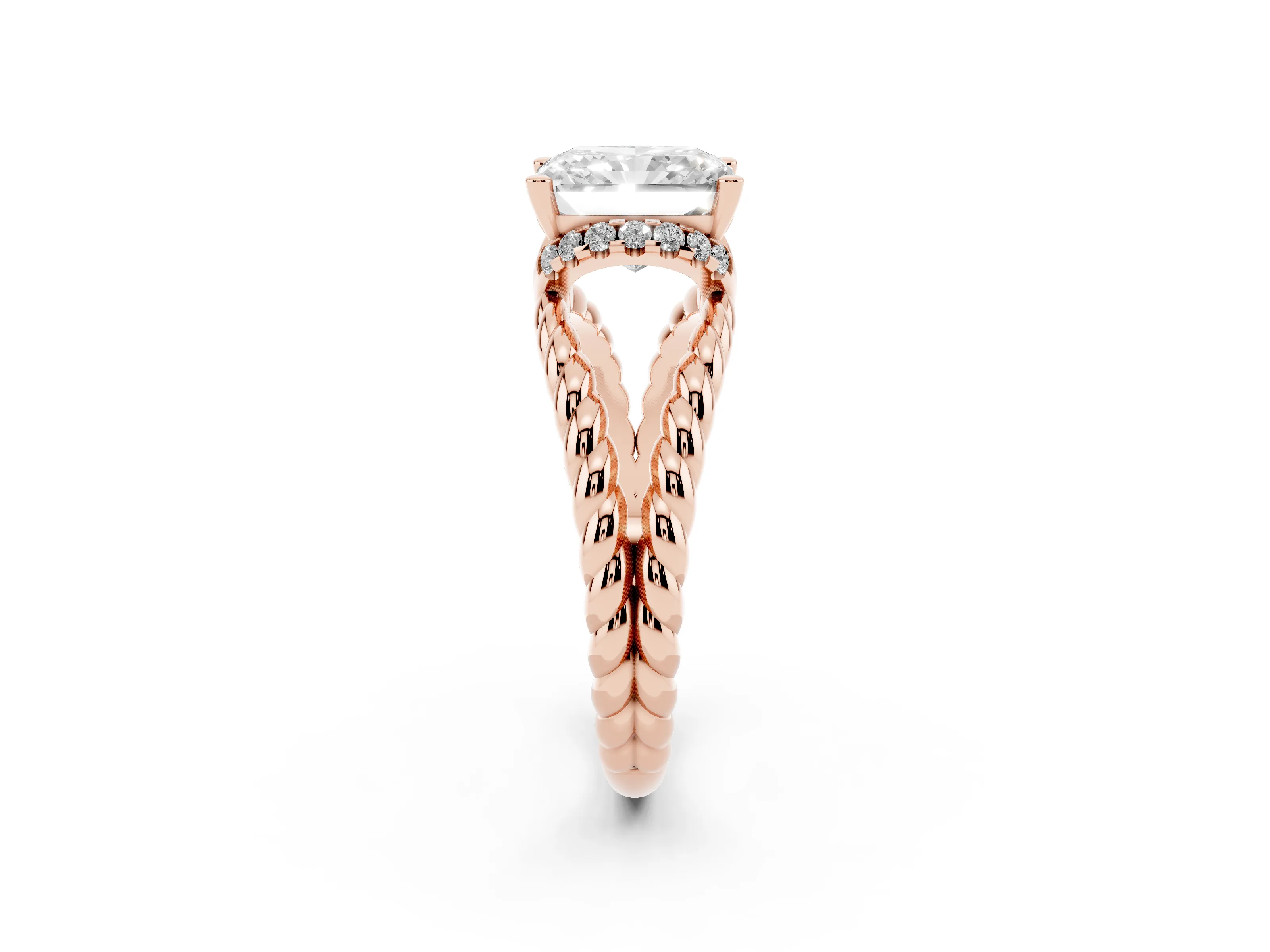 Radiant Cut Diamond Halo Ring Set in Rose gold with Twisted Band and Prong Setting