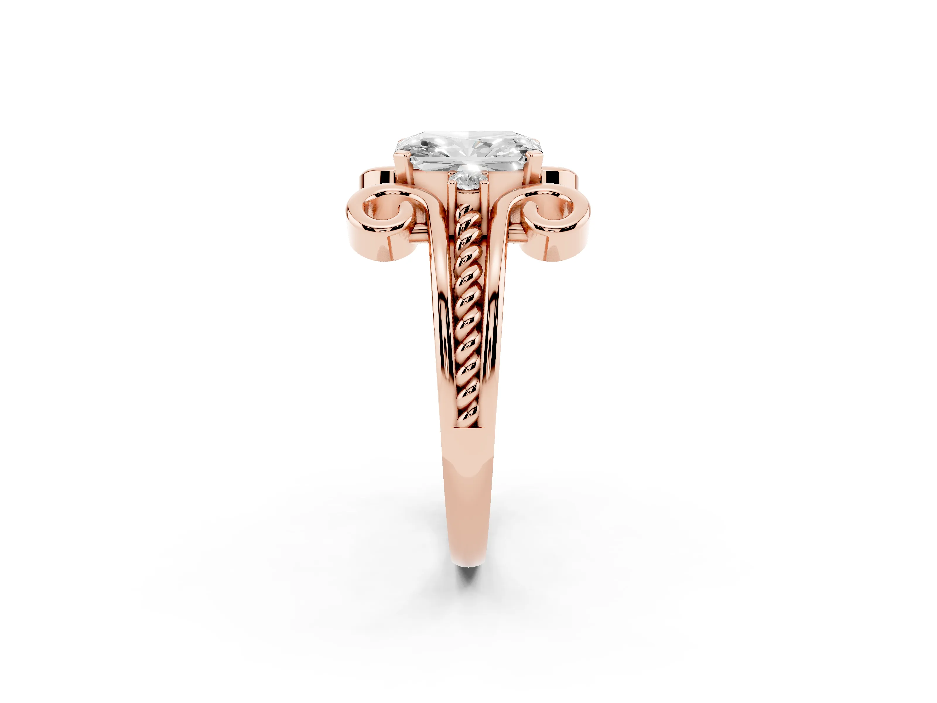 Radiant Cut Diamond Twisted Band Solitaire Ring Set in Rose gold with Scroll Prongs