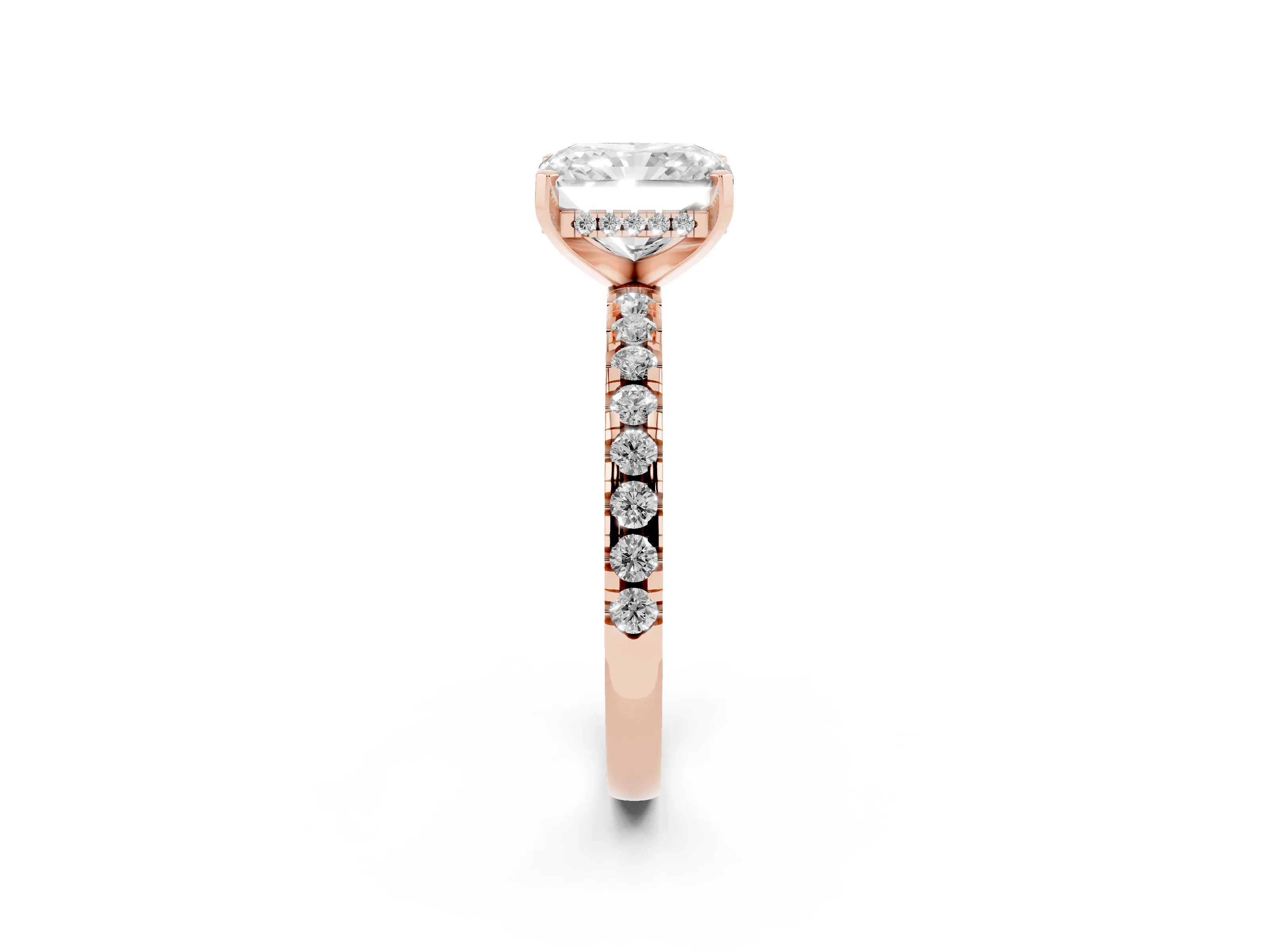 Radiant Cut Diamond Pavé Solitaire Ring Set in Rose gold with Round Band Accents and Prong Setting