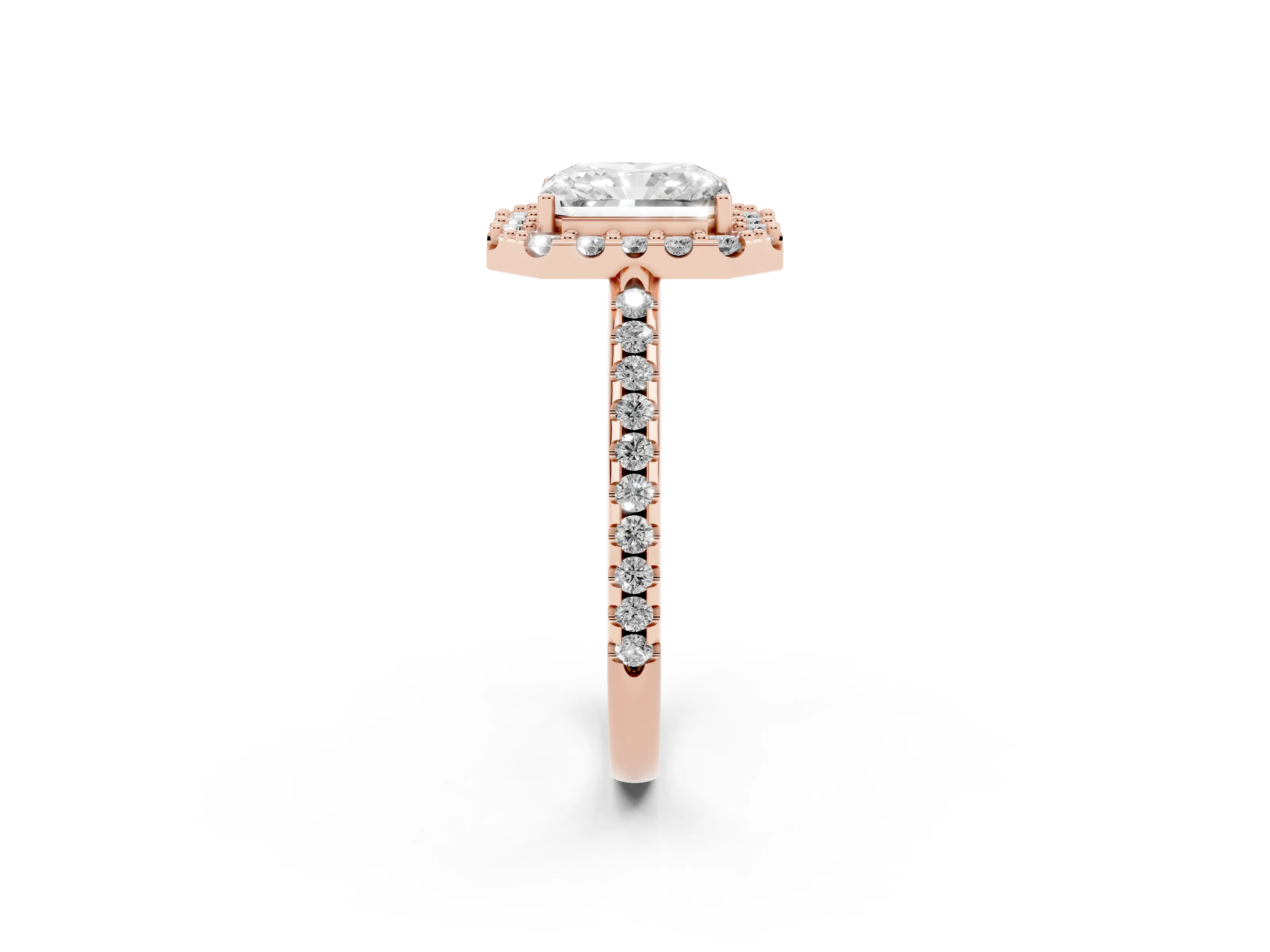 Radiant Cut Diamond Pavé Halo Ring Set in Rose gold with Prong Setting