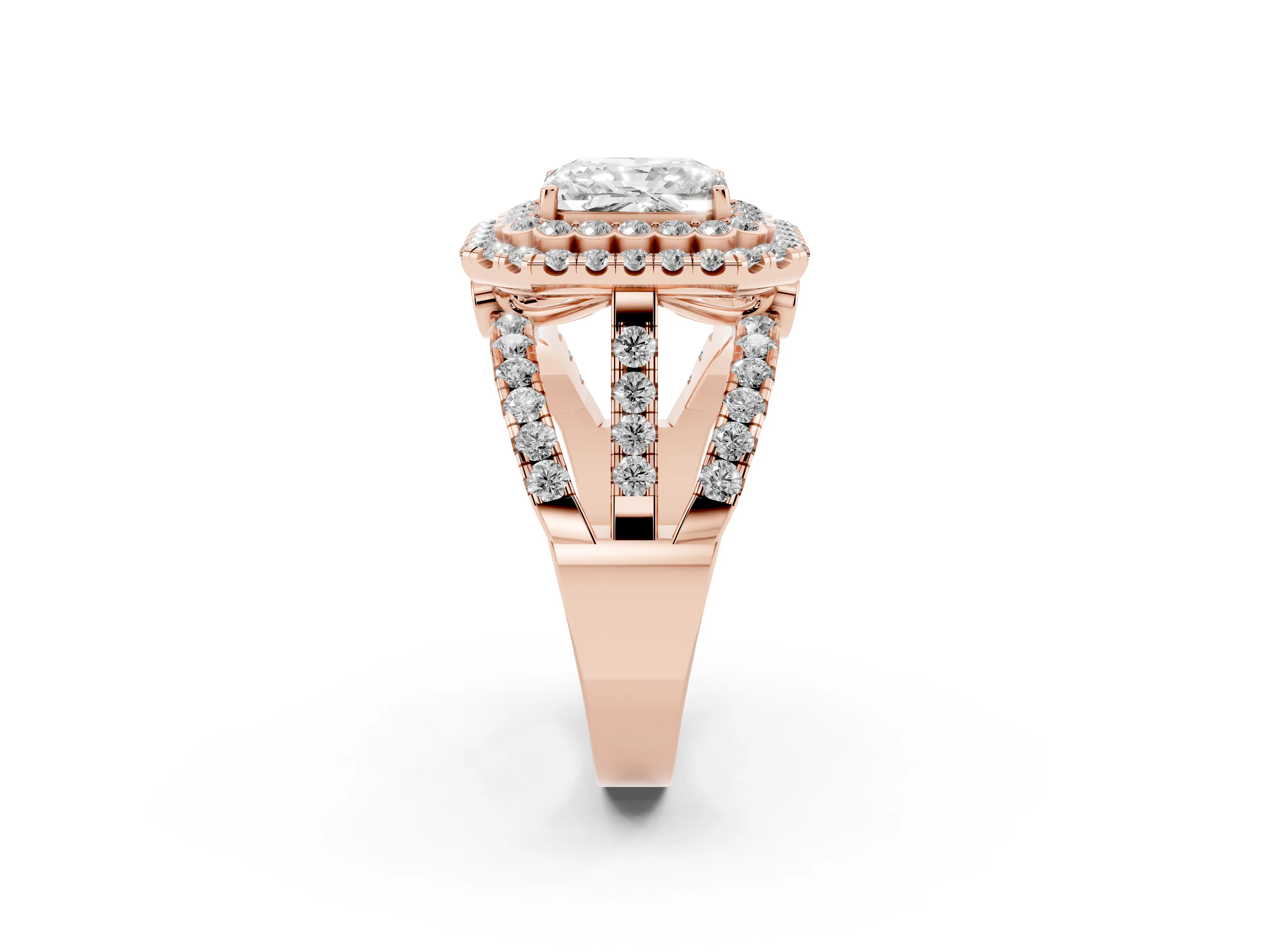 Radiant Cut Diamond Double Halo Ring Set in Rose gold with Round Pavé Split Shank