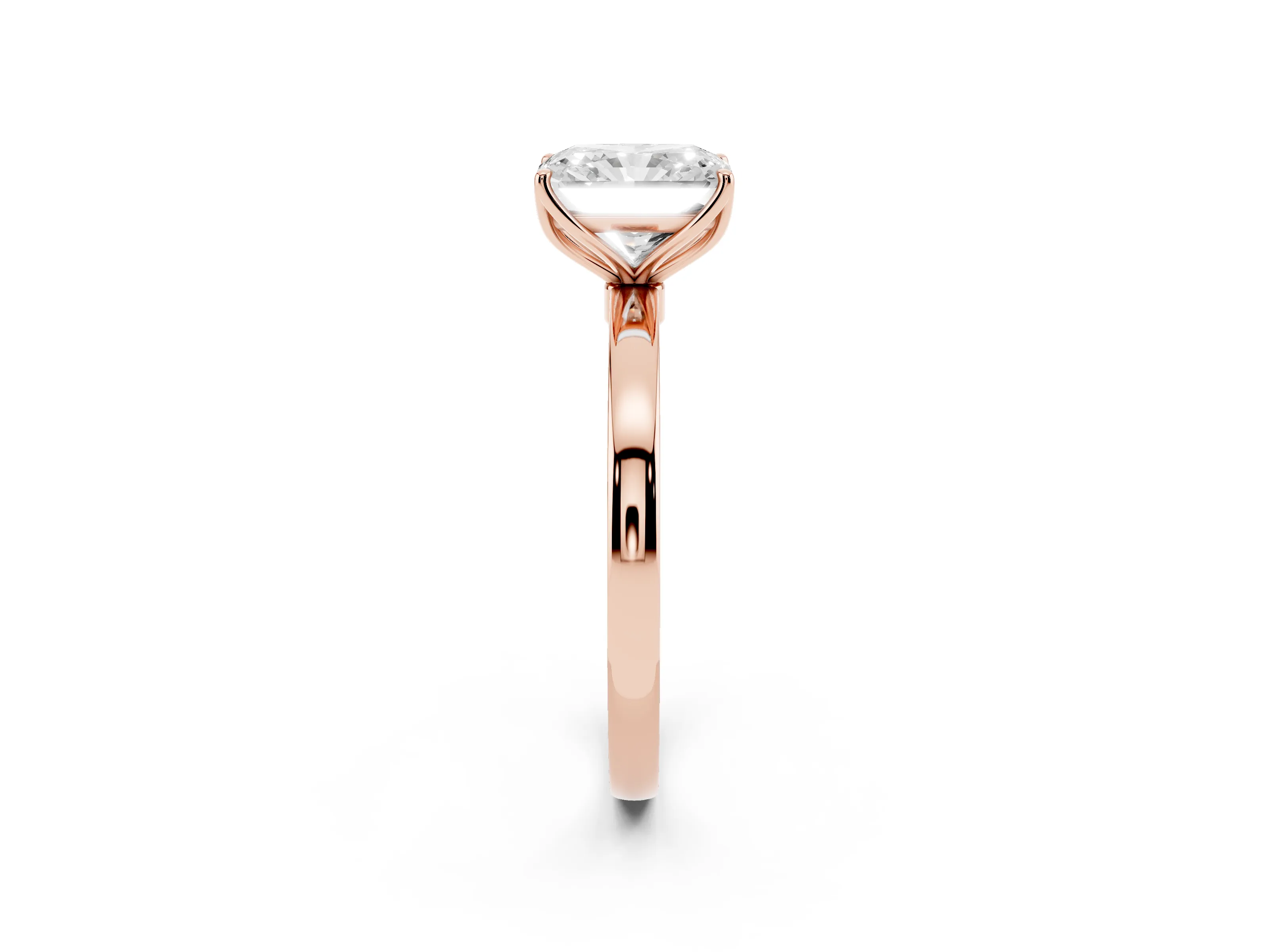 Radiant Cut Diamond Solitaire Ring Set in Rose gold with Prong Setting and Thin Polished Band