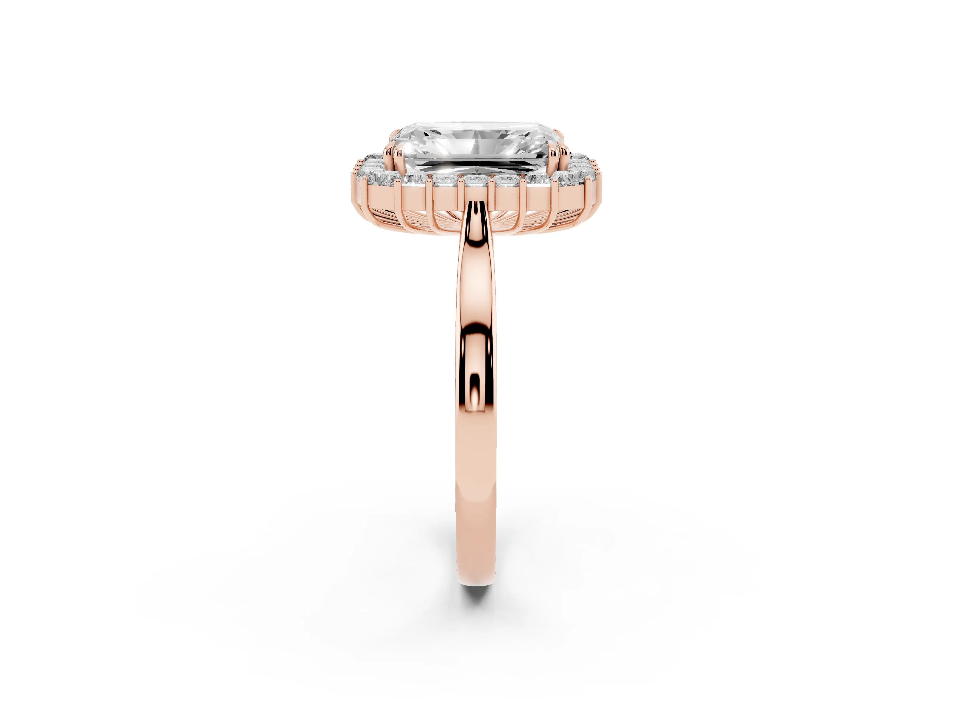 Radiant Diamond Baguette Halo Ring Set in Rose gold with Round Accents and Slim Band