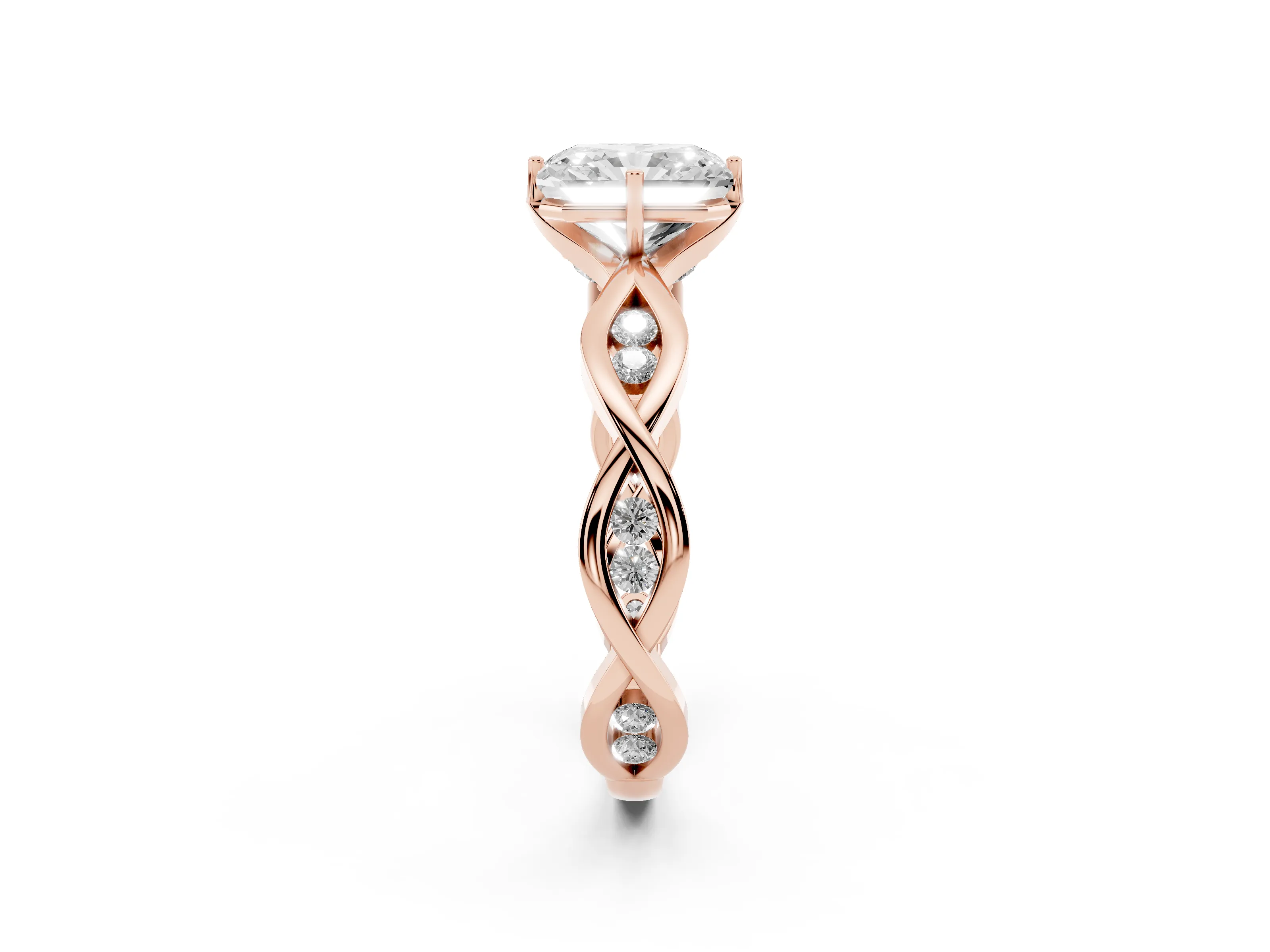 Radiant Cut Diamond Twist Band Solitaire Ring Set in Rose gold with Leaf Prong Setting and Accent Stones