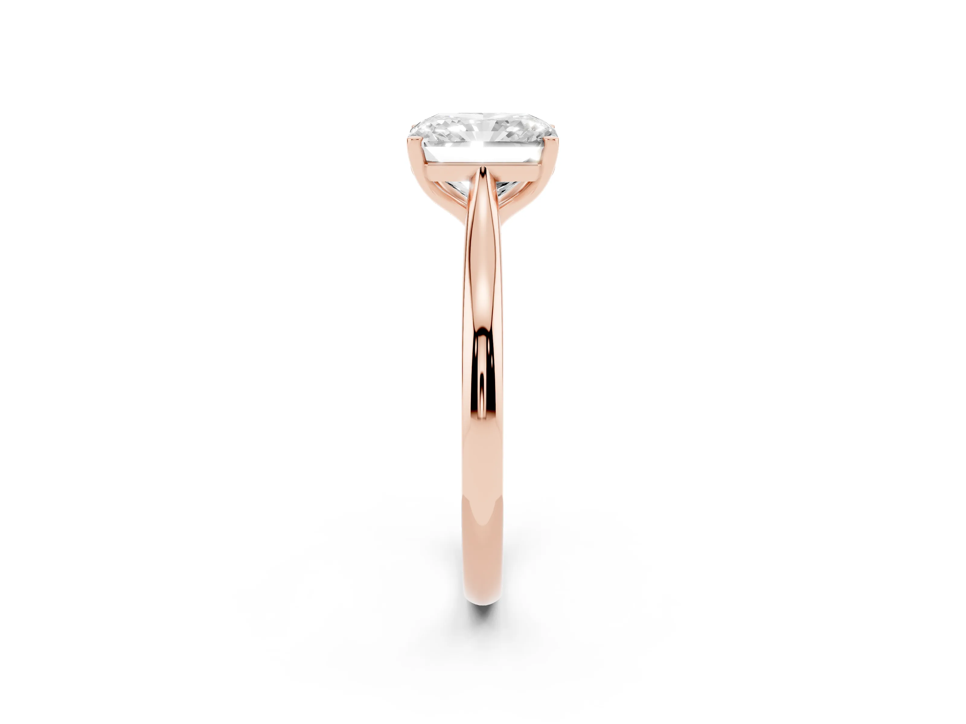 Radiant Cut Diamond Solitaire Ring Set in Rose gold with Cathedral Band and Prong Setting