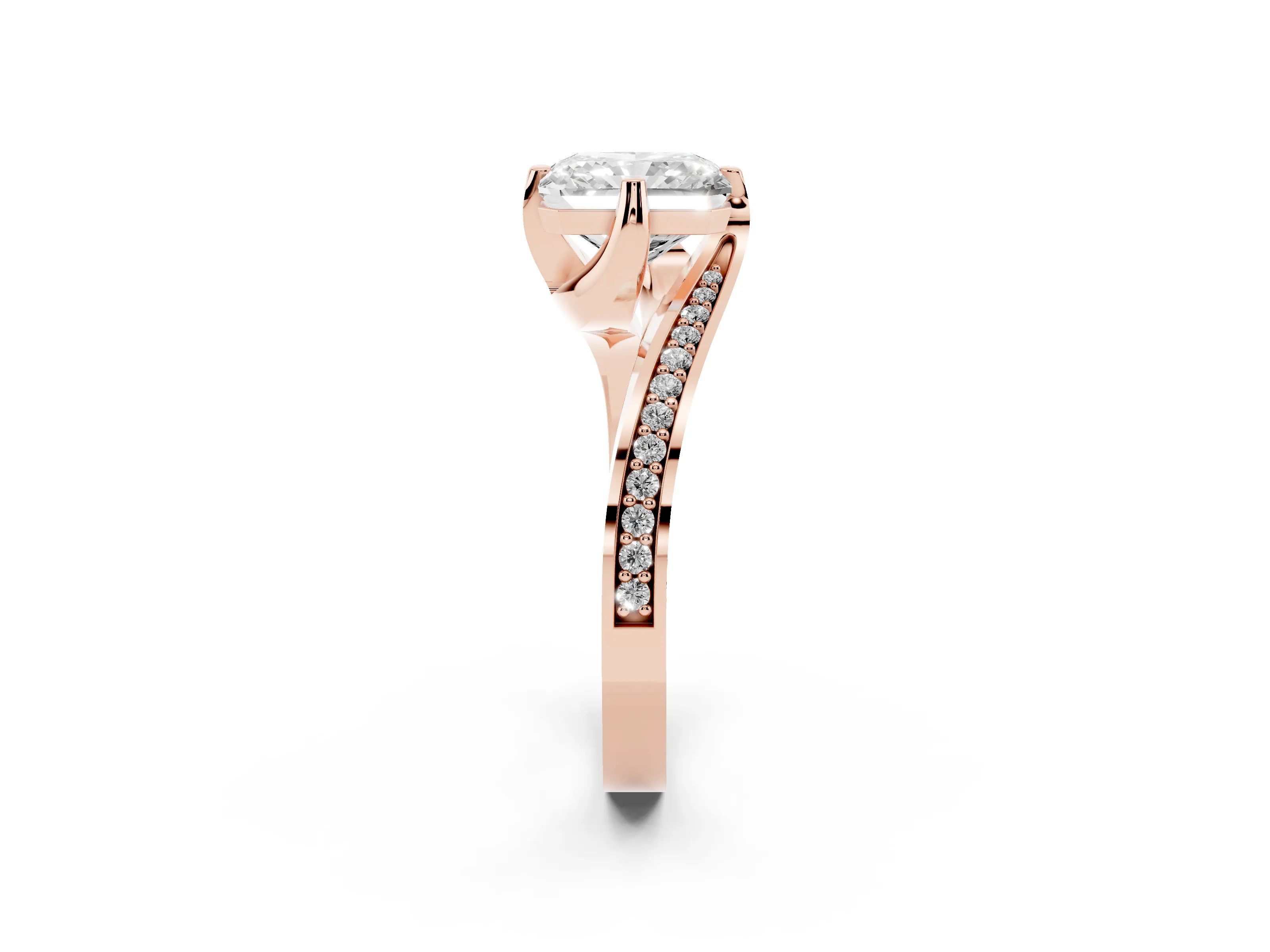 Radiant Cut Diamond Solitaire Ring Set in Rose gold with Intertwined Pavé Twist Band