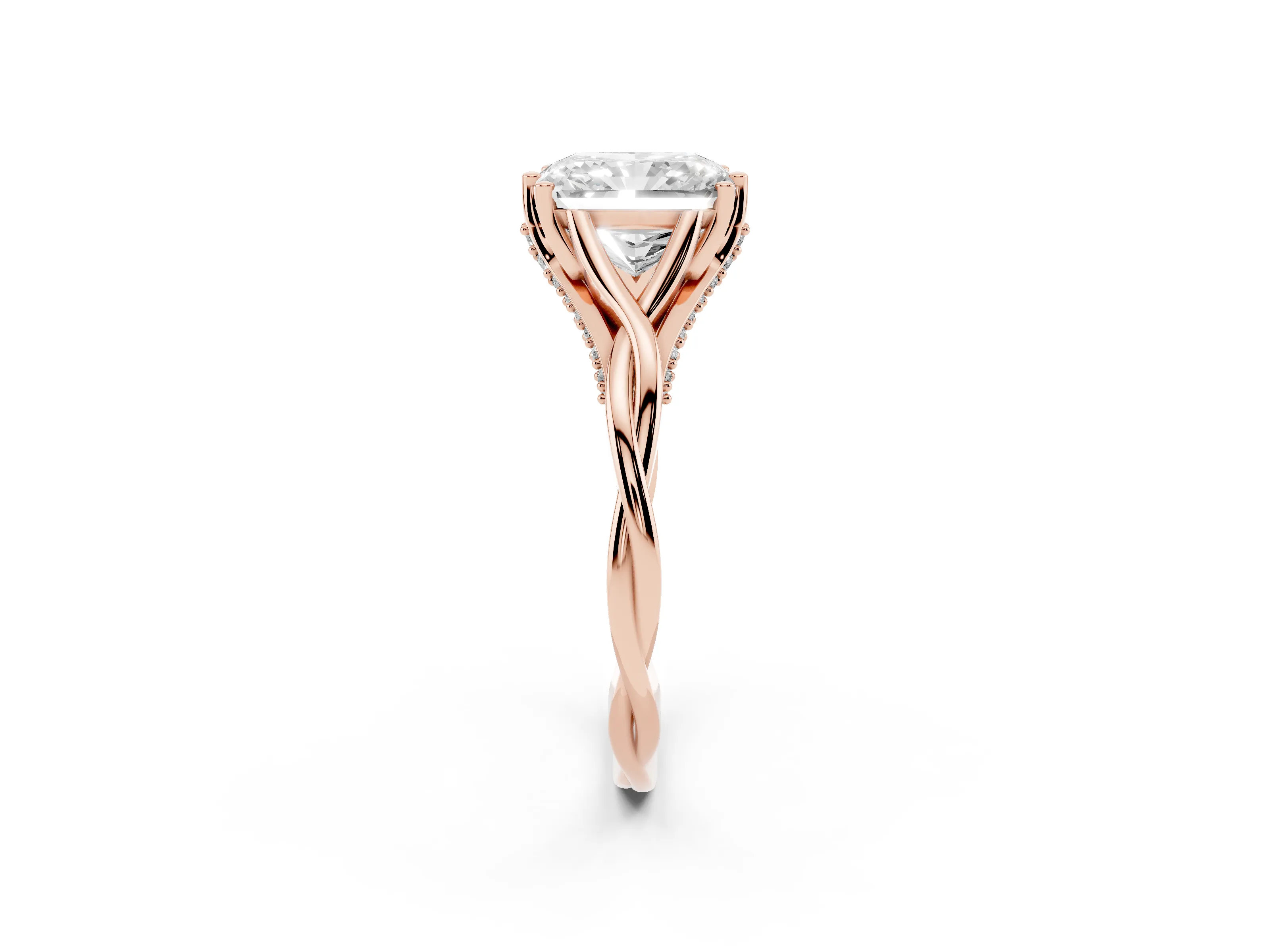 Radiant Cut Diamond Intertwined Twist Band Solitaire Ring Set in Rose gold with Prong Setting