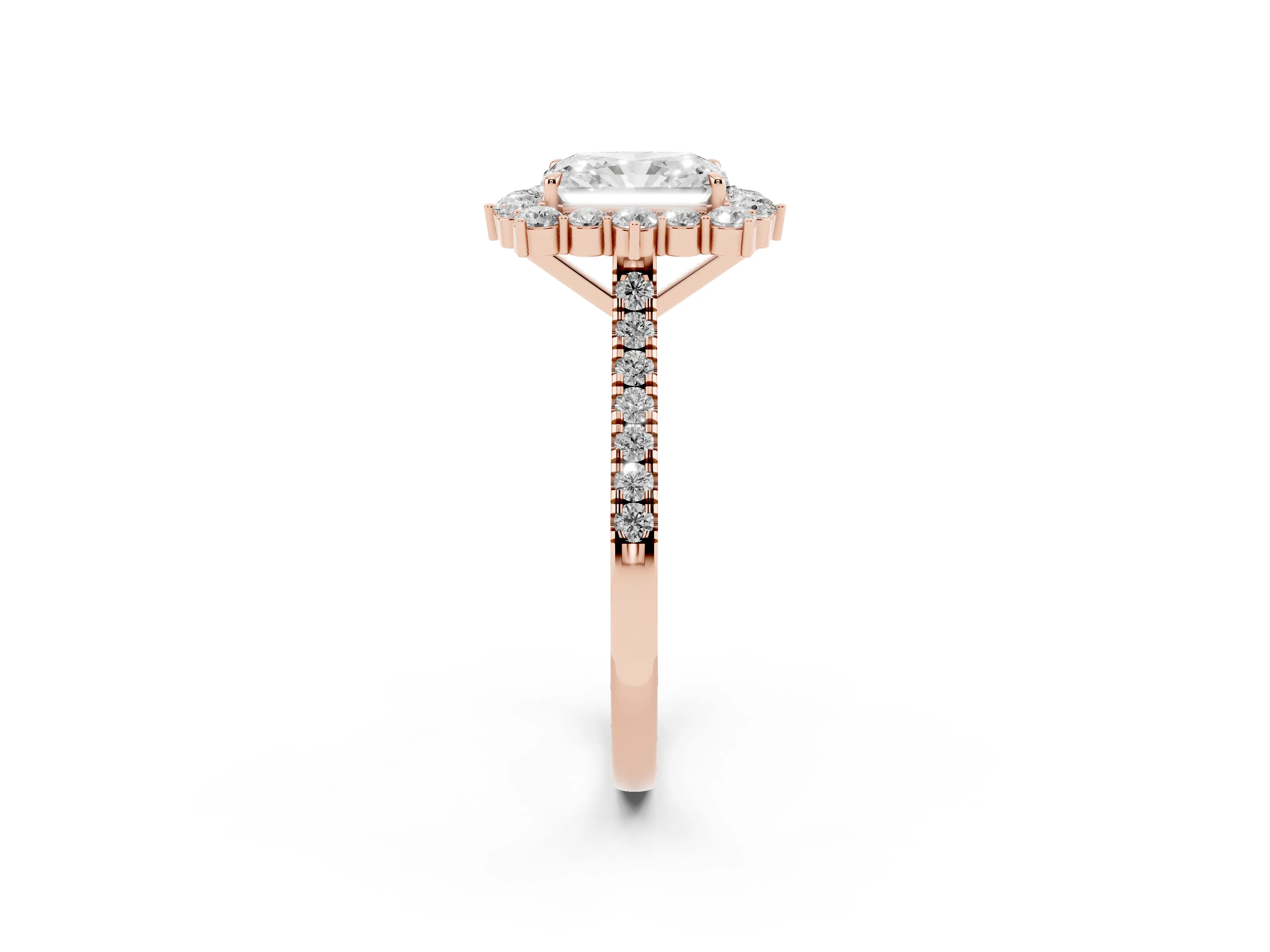 Radiant Cut Diamond Halo Ring Set in Rose gold with Pavé Band and Prong Setting