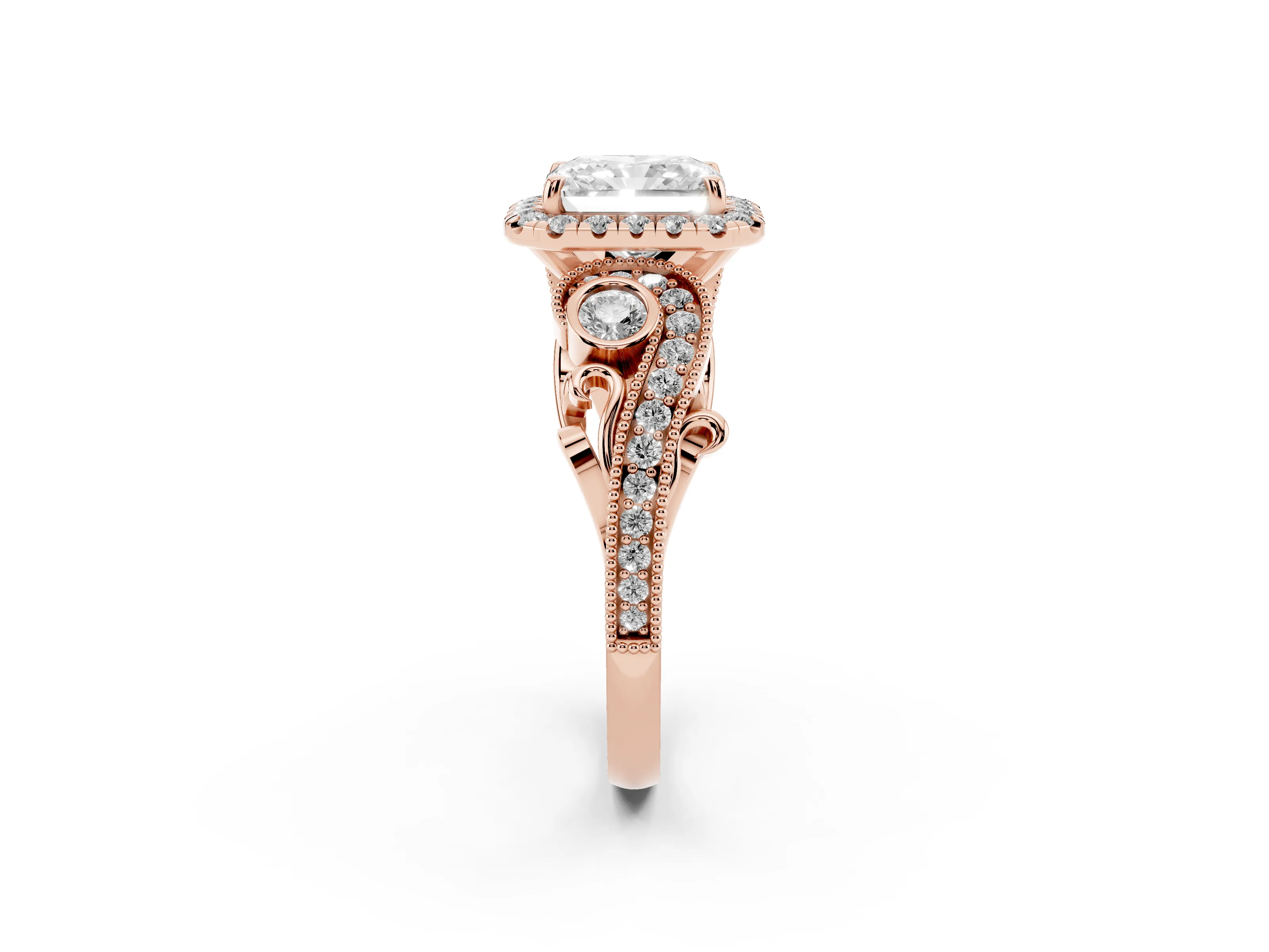Radiant Cut Diamond Halo Ring Set in Rose gold with Milgrain Pavé Band and Prong Setting