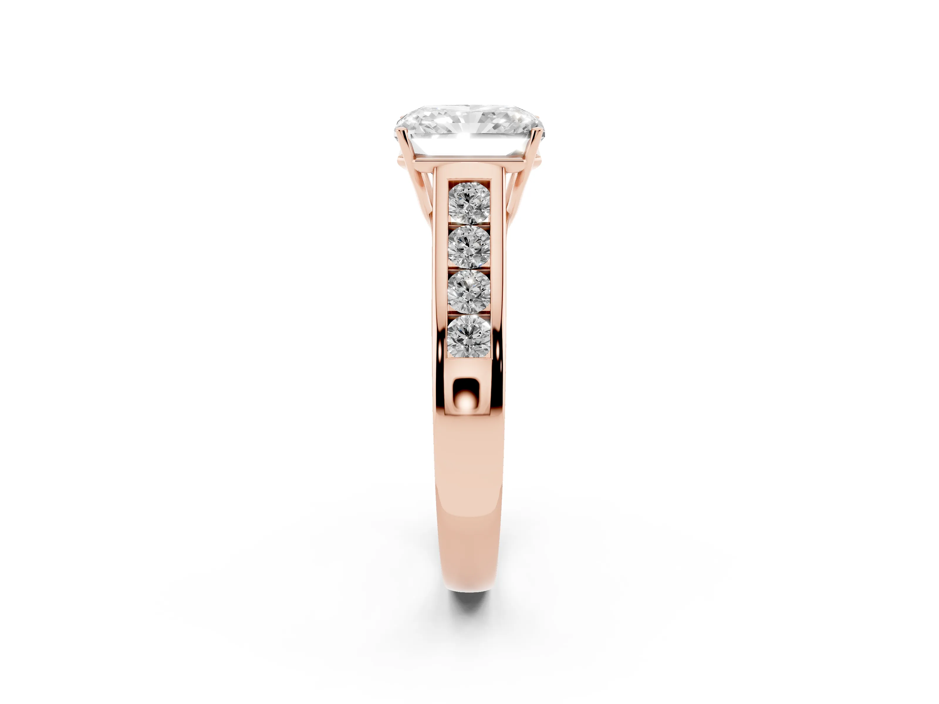 Radiant Cut Diamond Brilliant Channel-Set Solitaire Ring Set in Rose gold with Prong Setting